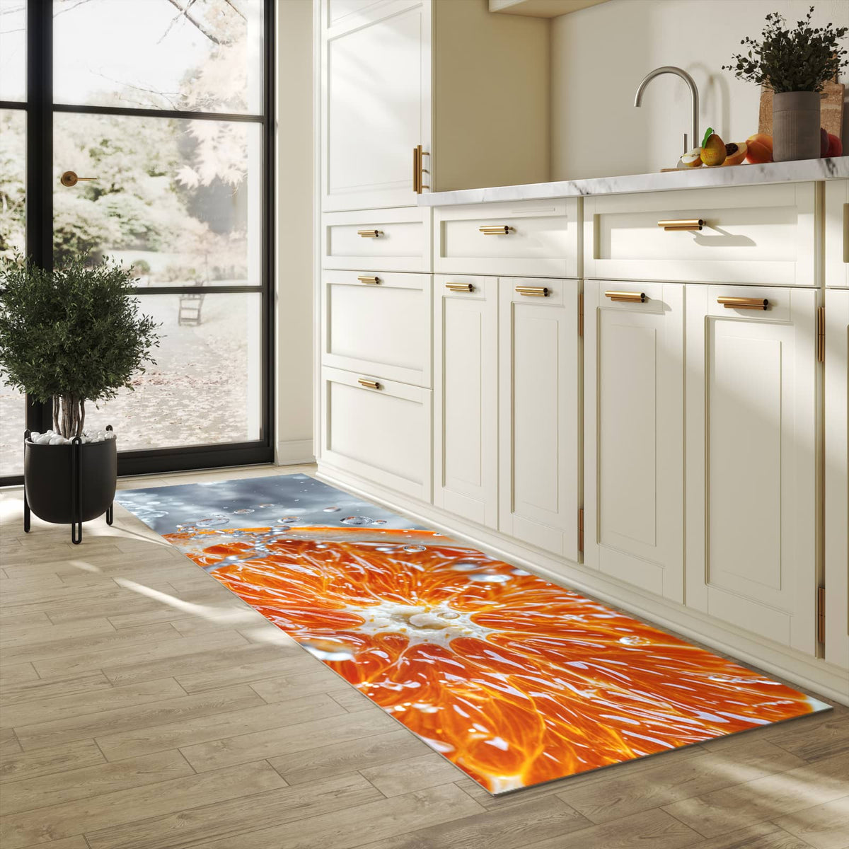 Rutschfester Küchenteppich mit Motiv Orangenscheibe Spritz in heller Küche