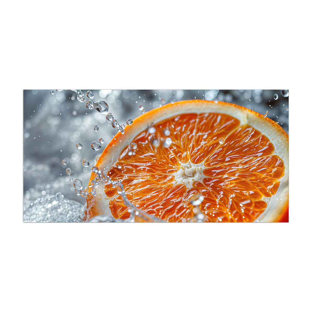 Küchenrückwand aus Glas Orangenscheibe im Wasser im Hochformat, Motiv bildfüllend von vorn