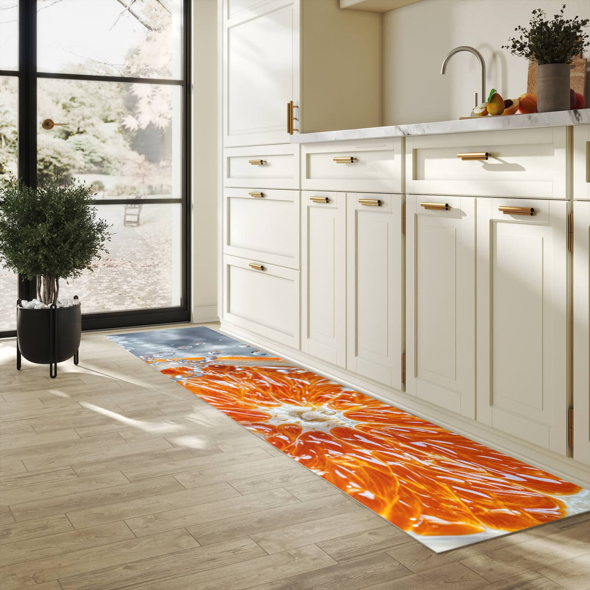 Hygienischer Bodenläufer Teppich mit Motiv Orangenscheibe Spritz in heller Küche