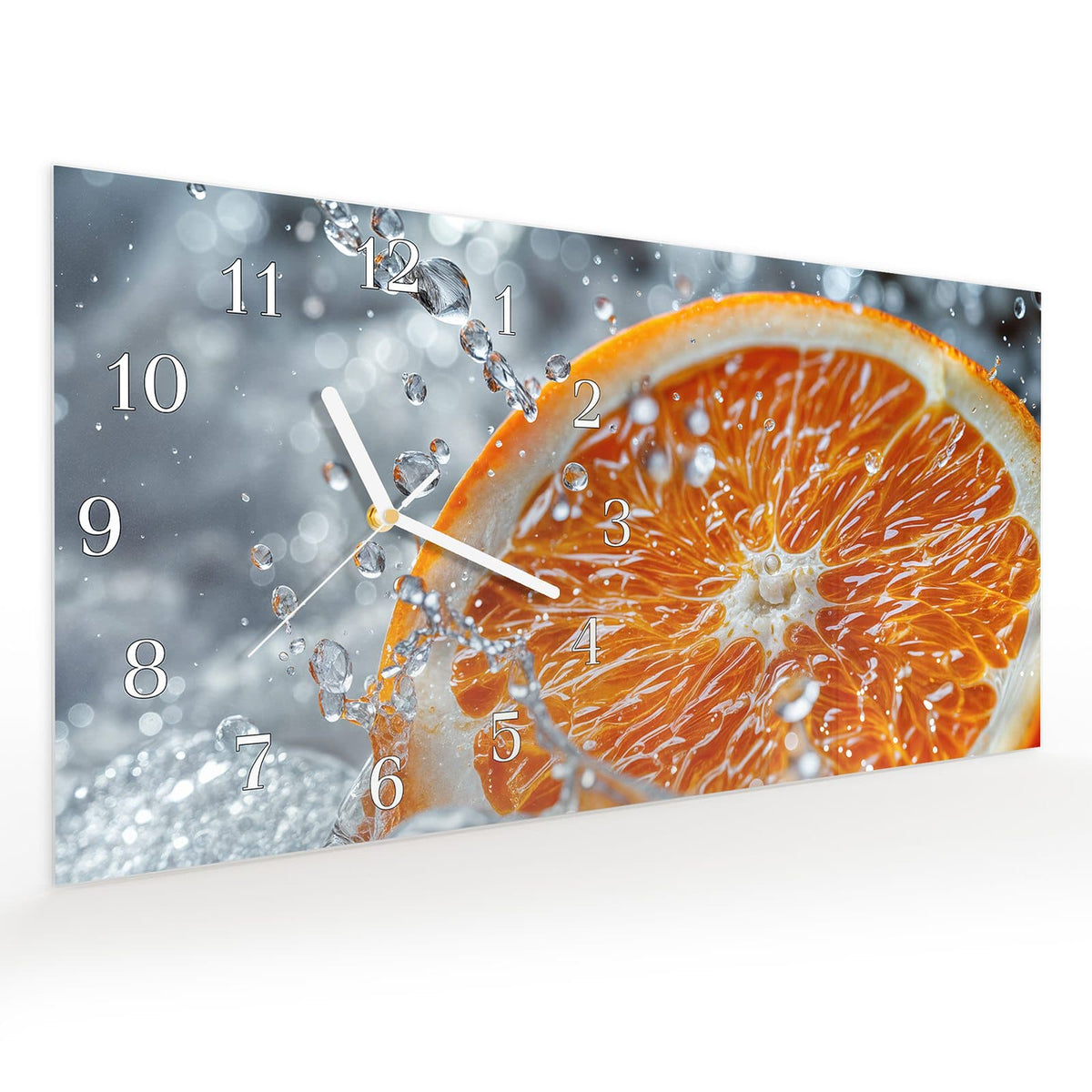 Vormontiert – mit Schwebeeffekt – Wanduhr Orangenscheibe Spritz aus Glas – Querformat 60 × 30 cm