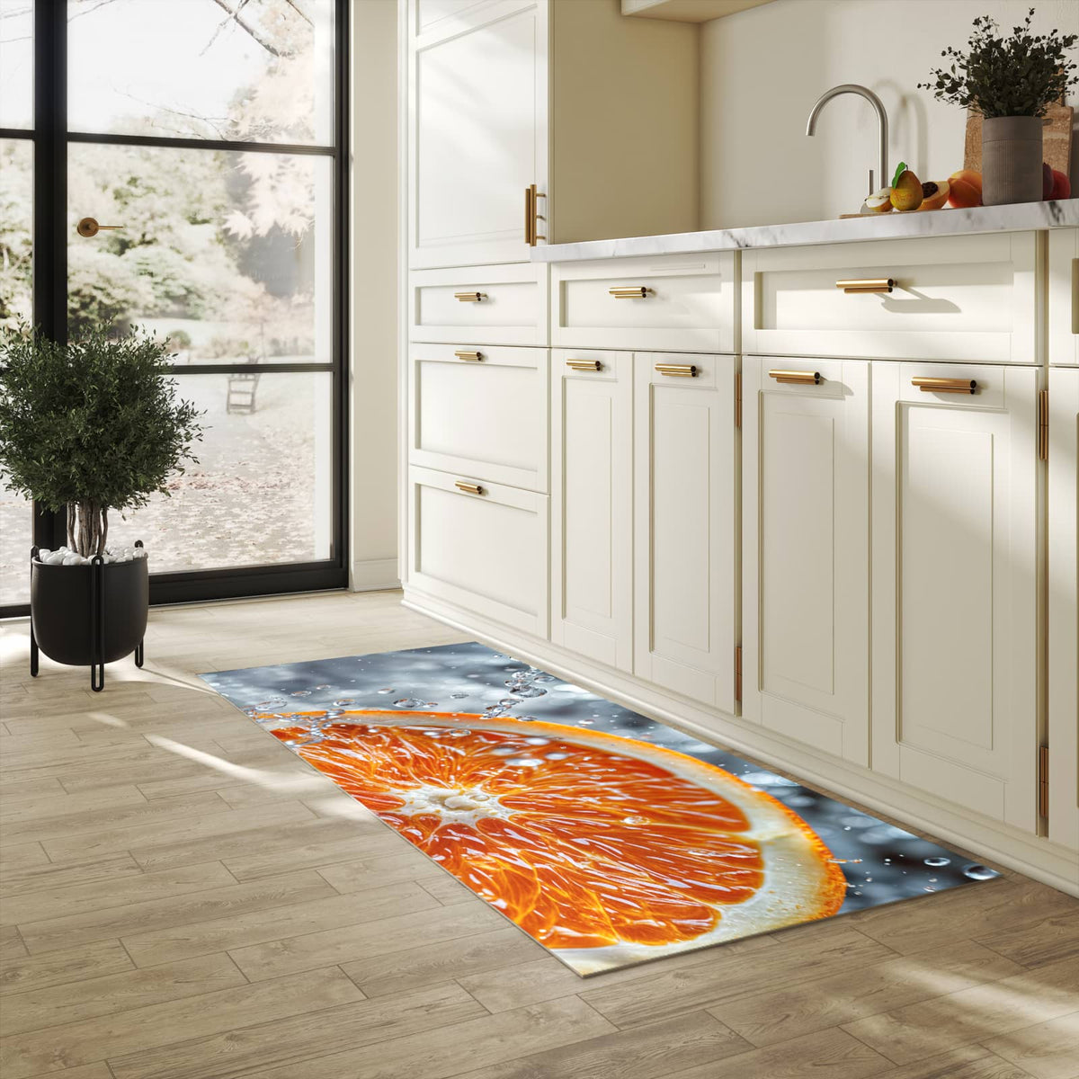 Waschbarer Küchenteppich mit Motiv Orangenscheibe Spritz in heller Küche