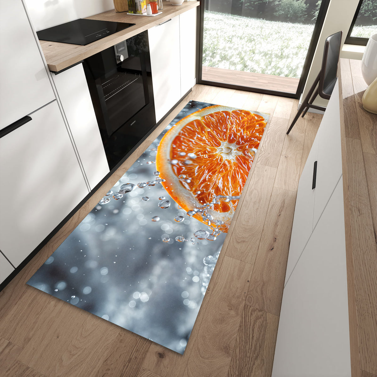 Abriebfester moderner Küchenläufer mit Motiv Orangenscheibe Spritz in moderner Küche