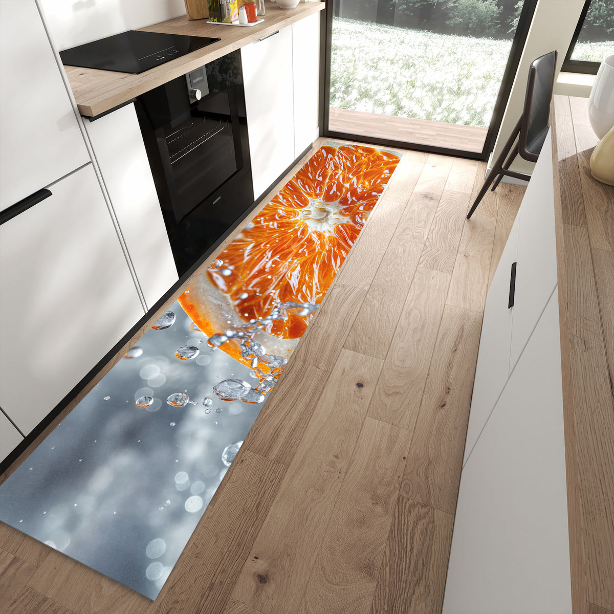 Rutschfester Küchenläufer mit Motiv Orangenscheibe Spritz für Ordnung in moderner Küche