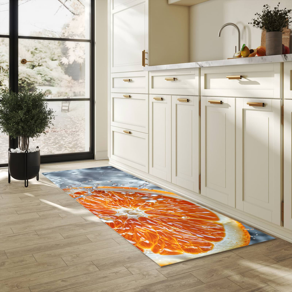 Langlebiger Küchenläufer mit Motiv Orangenscheibe Spritz in heller Küche