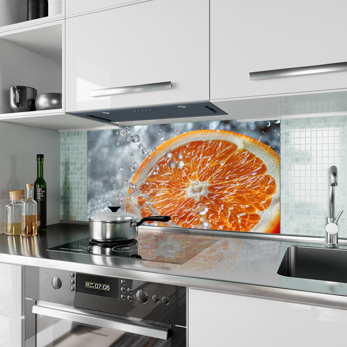 Küchenrückwand aus Glas Orangenscheibe im Wasser im Hochformat als Spritzschutz hinter dem Kochfeld, über dem Fliesenspiegel montiert