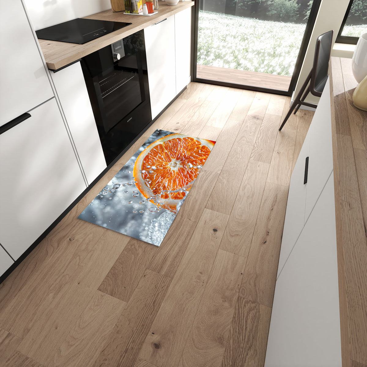 Waschbarer Küchenteppich mit Motiv Orangenscheibe Spritz in moderner Küche #grösse_60 x 120 cm