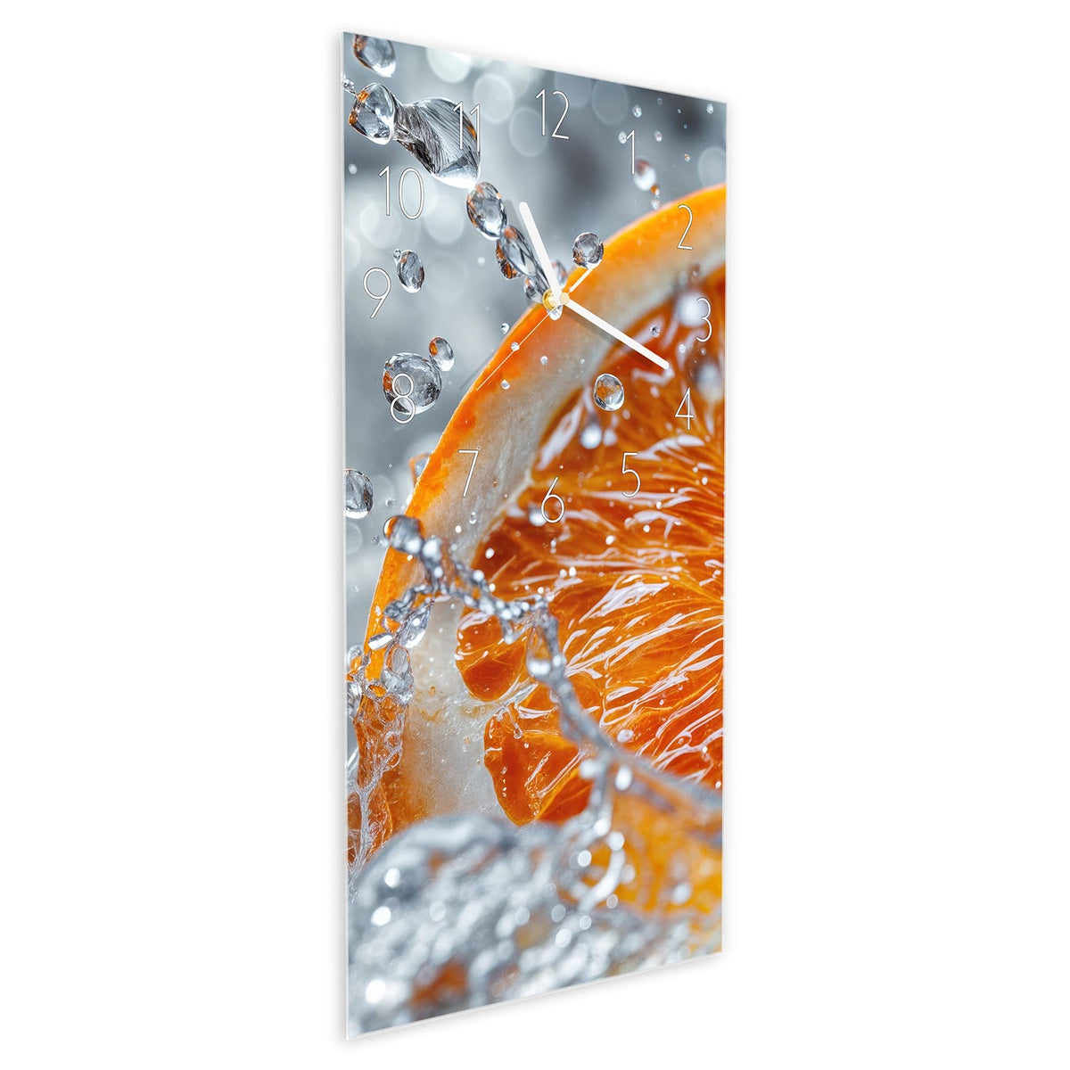 Wanduhr aus Glas im Hochformat Orangenscheibe im Wasser schräg von der Seite, 4 mm starkes Glas
