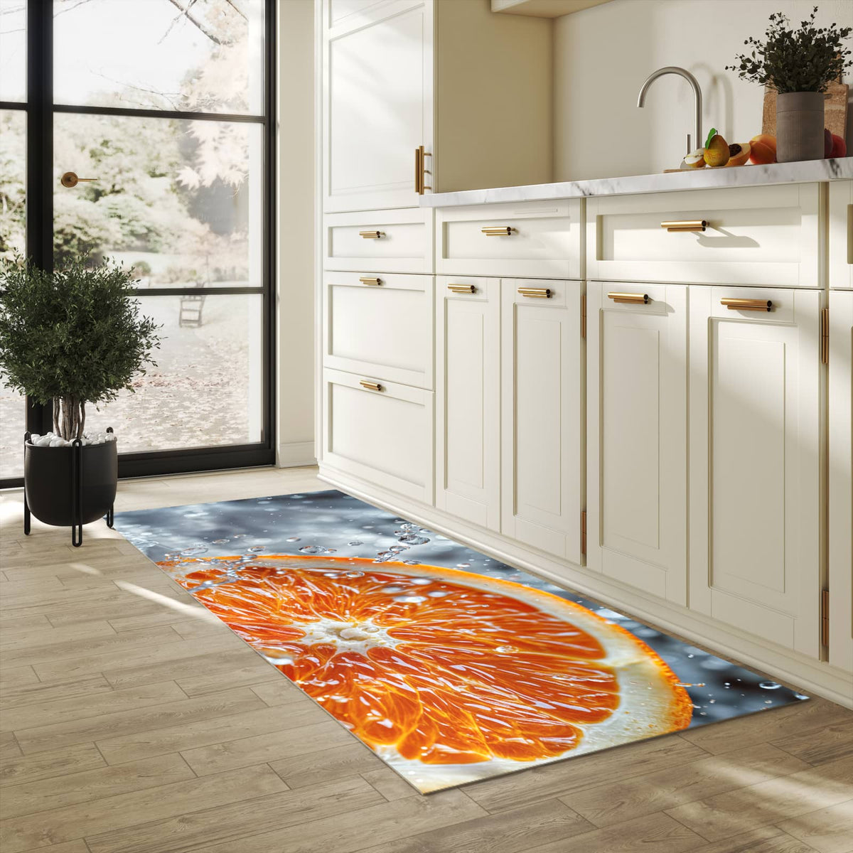 Waschbarer Küchenteppich mit Motiv Orangenscheibe Spritz für Ordnung in heller Küche