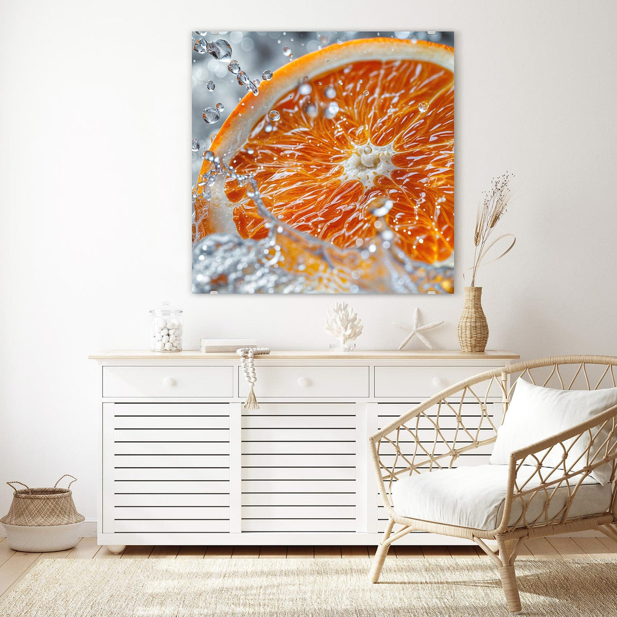 Echtglas, 4 mm – kein Acryl, keine Folie – Wandbild - Orangenscheibe im Wasser - Quadratisch