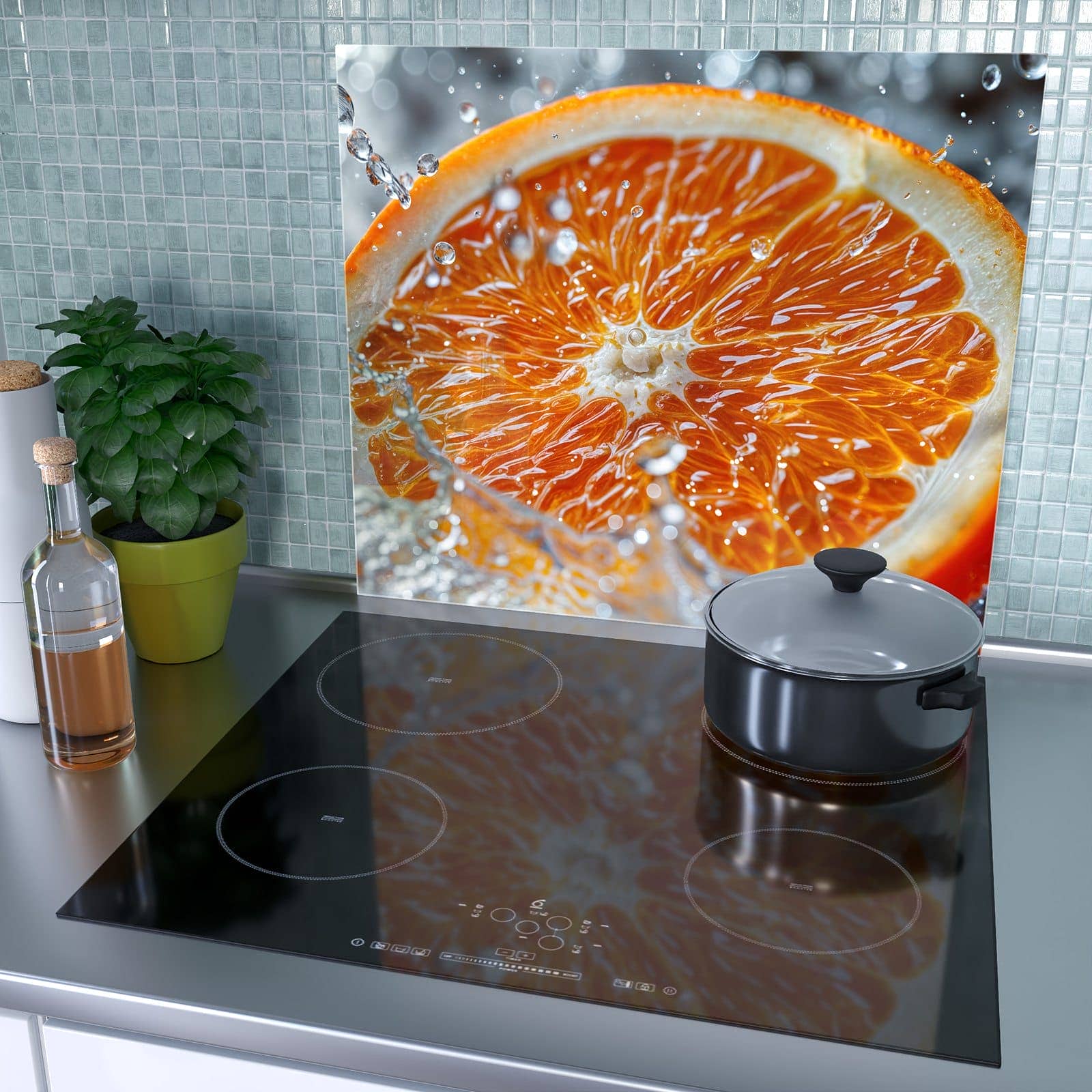 1-teilige Herdabdeckplatten mit Orangenscheibe Spritz-Motiv als Spritzschutz hinter dem Kochfeld