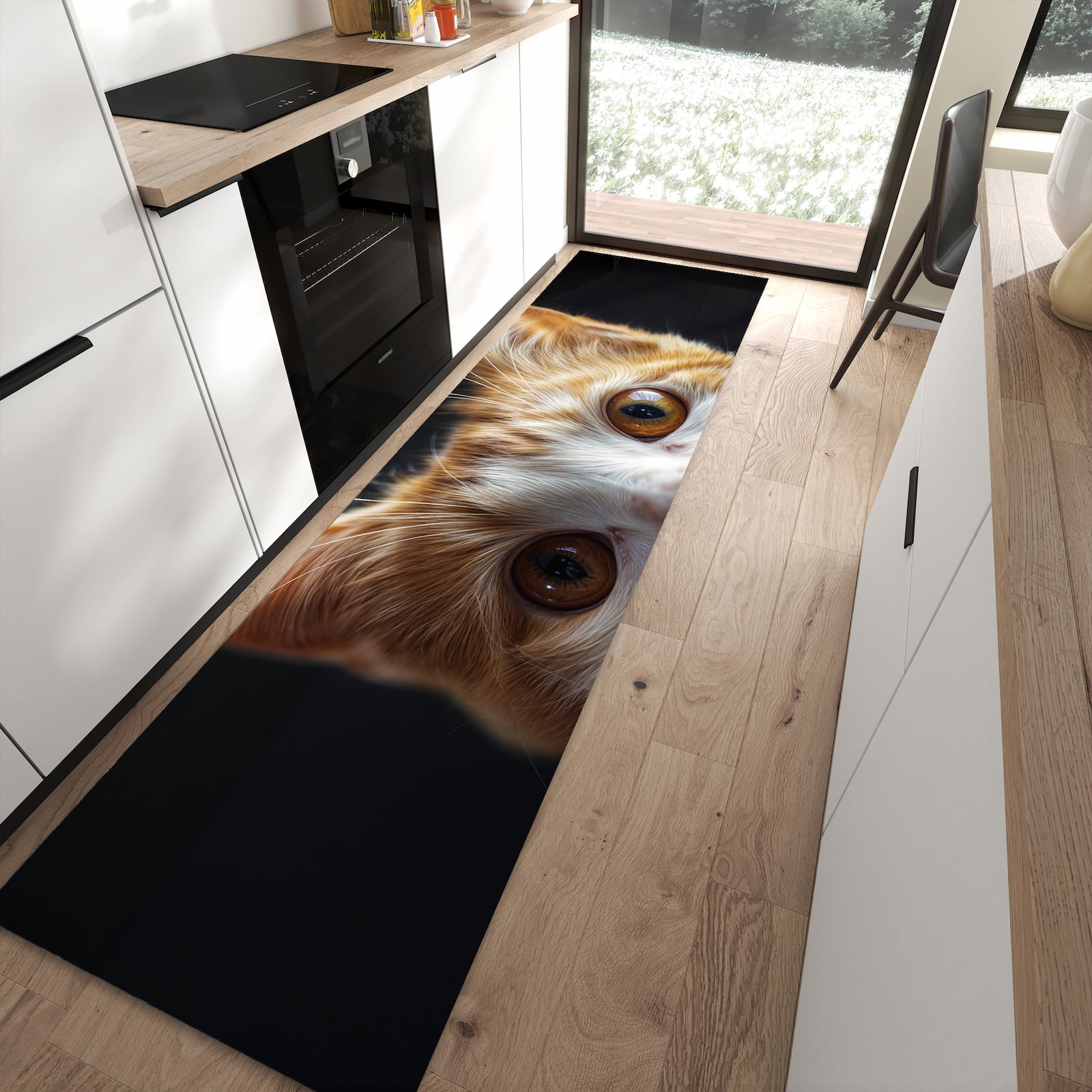 Küchenteppich mit Motiv Sanfte Katzenaugen für angenehmes Stehen in moderner Küche
