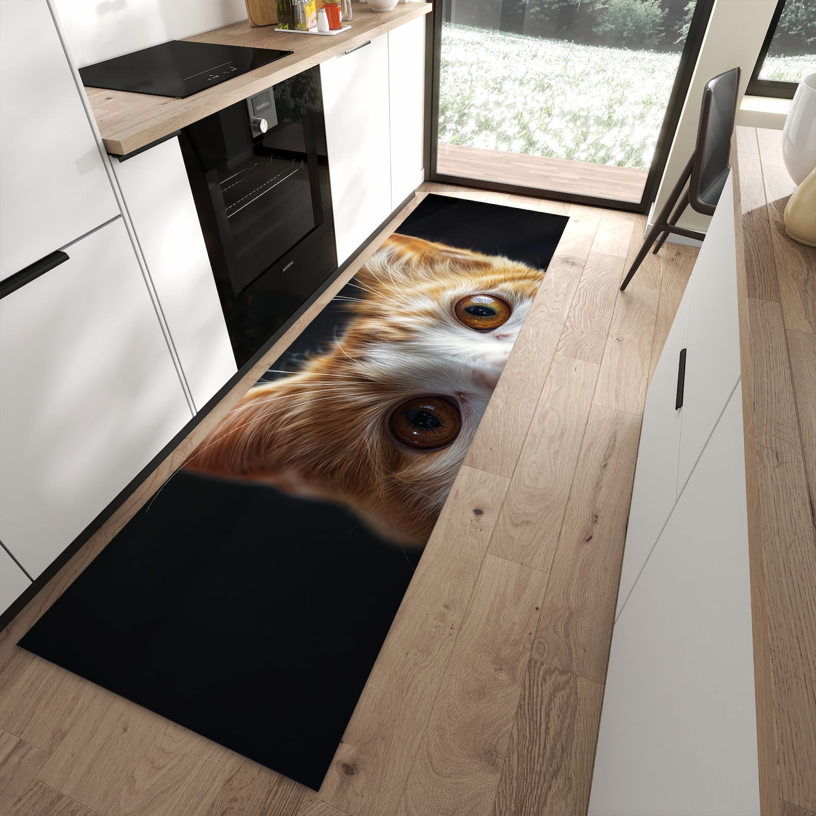 Leicht zu reinigender Küchenteppich mit Motiv Sanfte Katzenaugen in moderner Küche