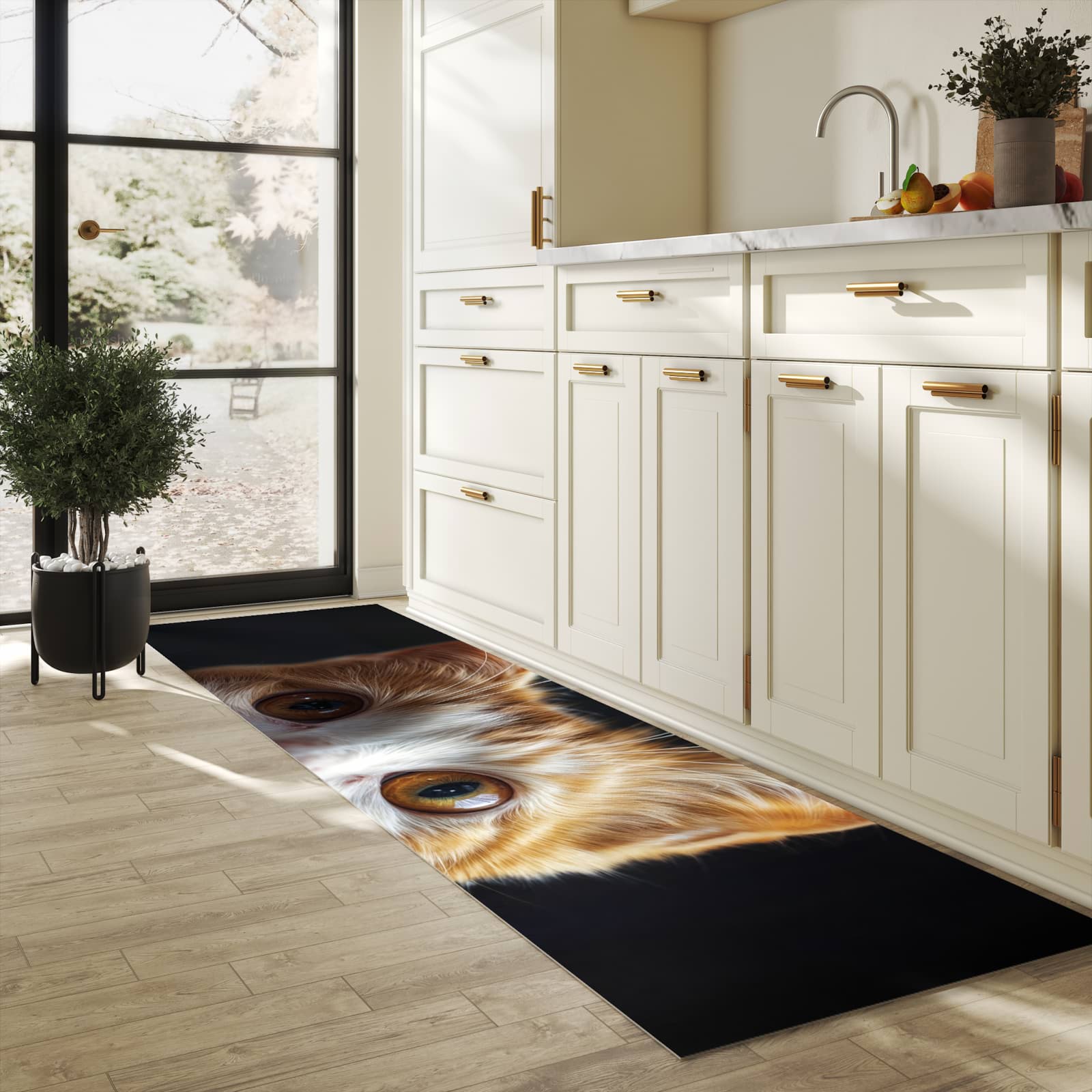 Geruchsneutraler rutschfester Läufer mit Motiv Sanfte Katzenaugen in heller Küche
