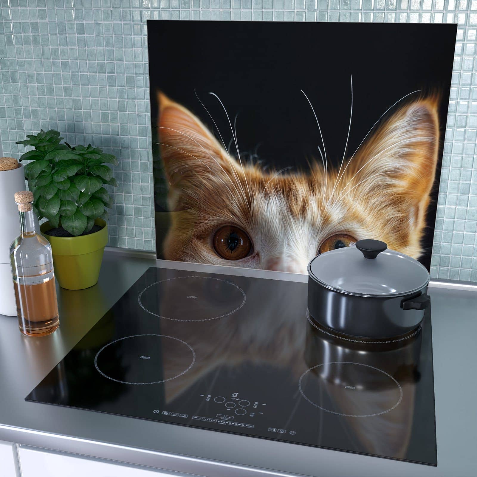 1-teilige Herdabdeckplatte aus Glas mit Sanfter Katzenblick-Motiv als Spritzschutz hinter dem Kochfeld