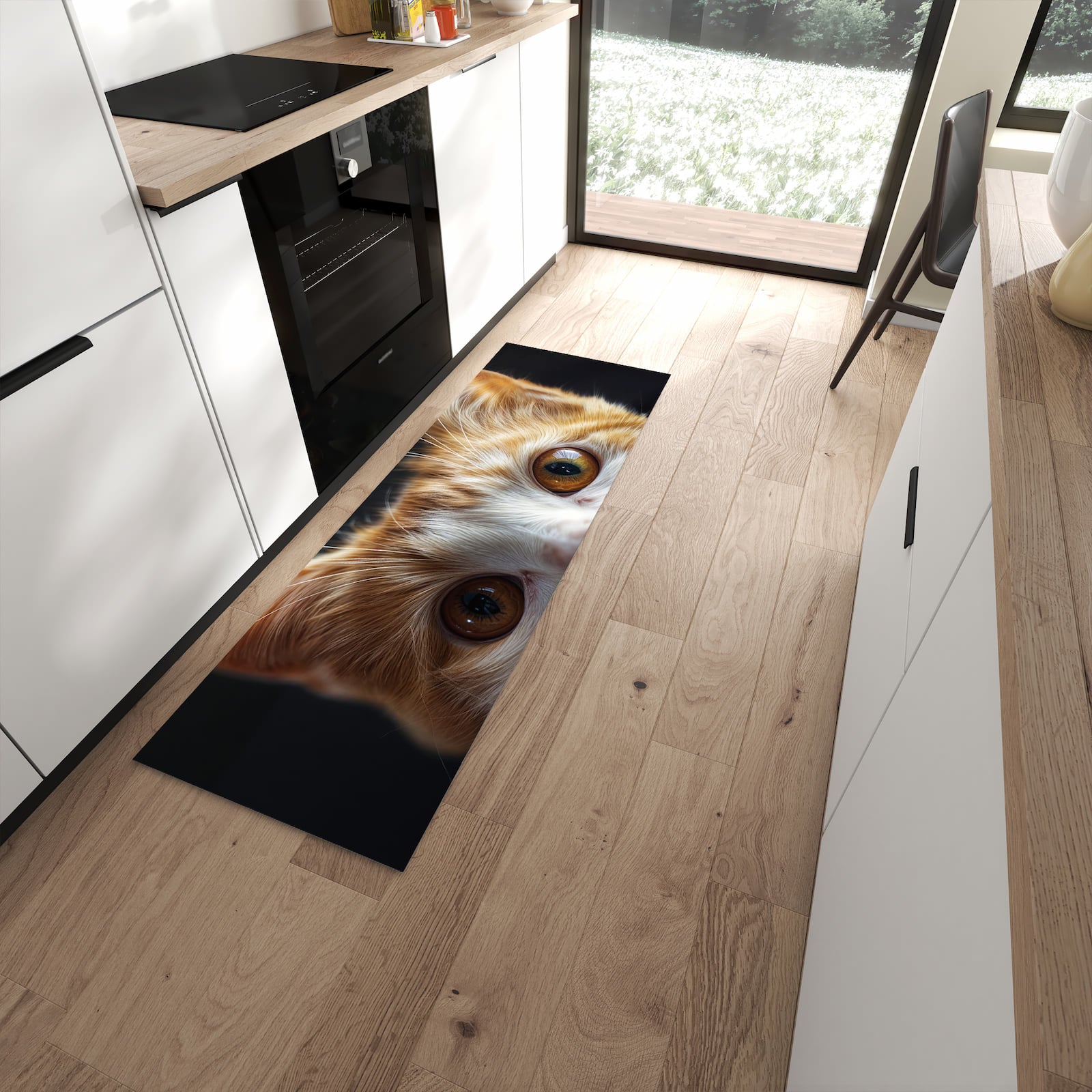 Schmutzabweisender Bodenläufer mit Motiv Sanfte Katzenaugen in moderner Küche