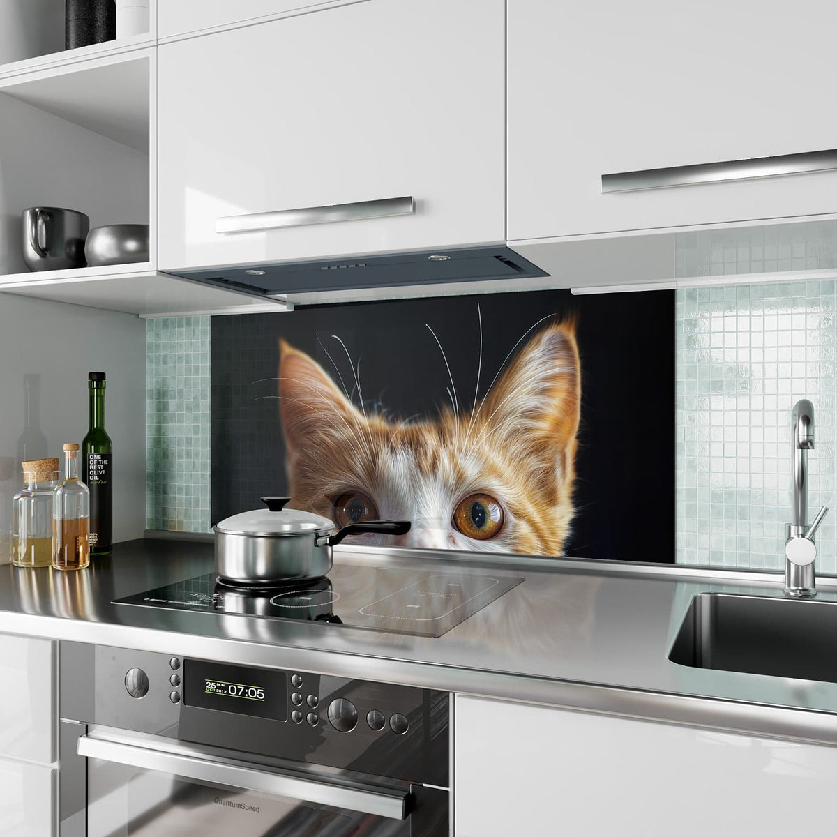 Küchenrückwand aus Glas Katze mit Bernsteinaugen im Hochformat als Spritzschutz hinter dem Kochfeld, über dem Fliesenspiegel montiert