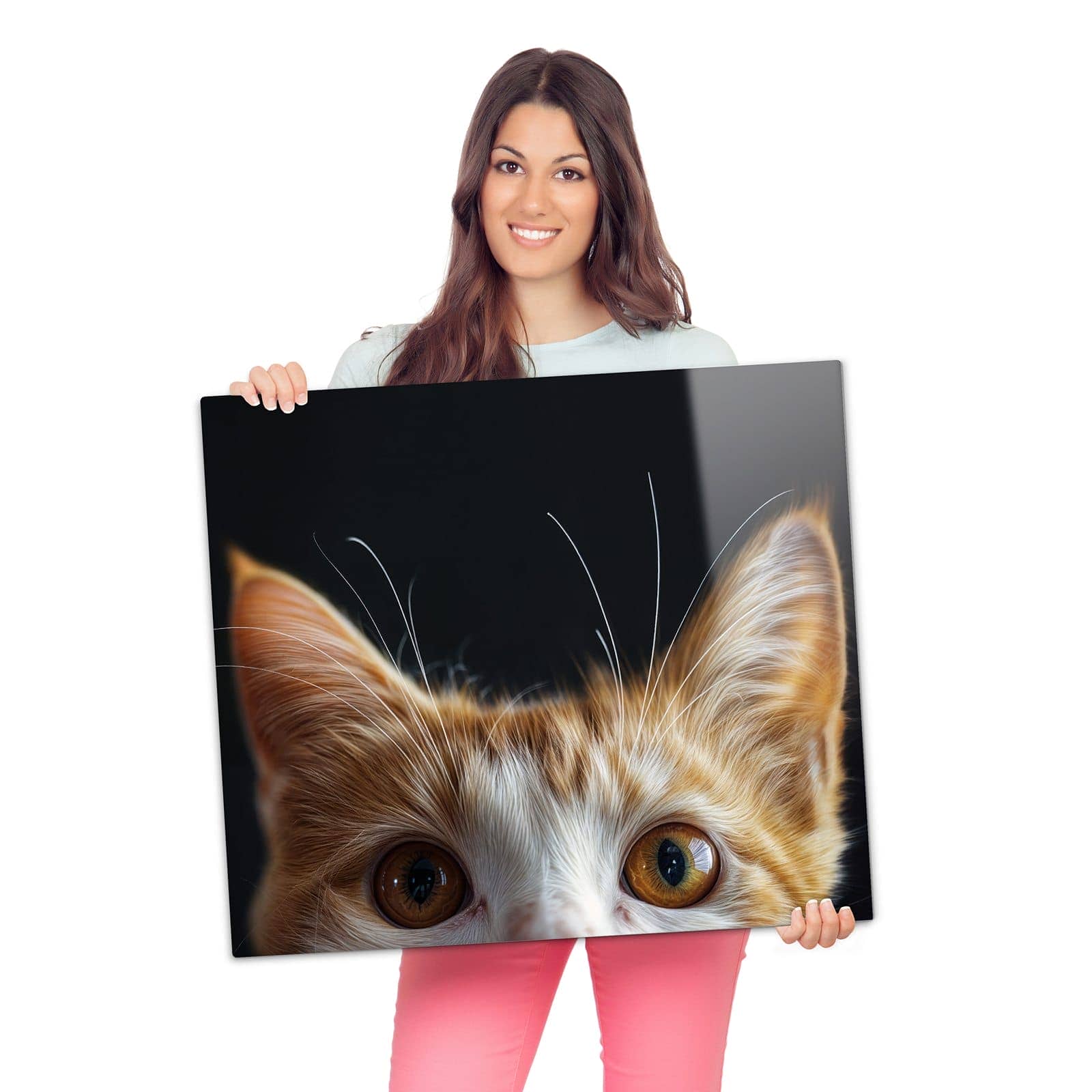 Ceranfeld-Abdeckplatten mit Sanfter Katzenblick-Motiv werden zur Größendarstellung gehalten