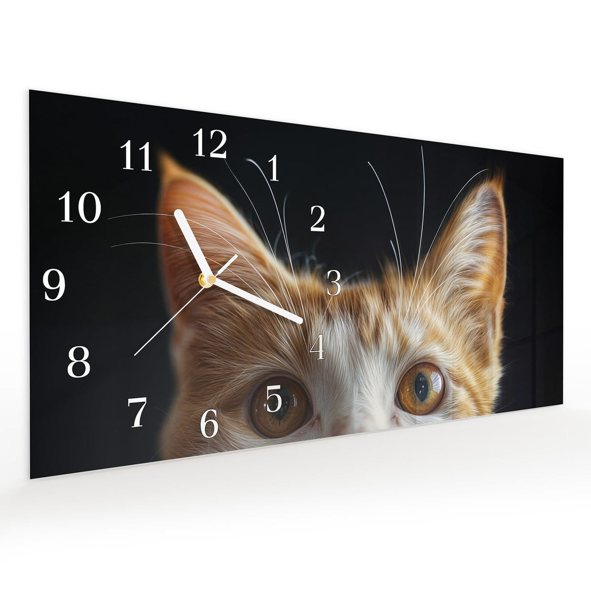 Vormontiert – mit Schwebeeffekt – Wanduhr Sanfter Katzenblick aus Glas – Querformat 60 × 30 cm