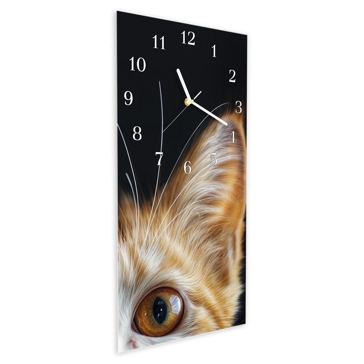 Vormontiert – mit Schwebeeffekt – Wanduhr Sanfter Katzenblick aus Glas – Hochformat 30 × 60 cm