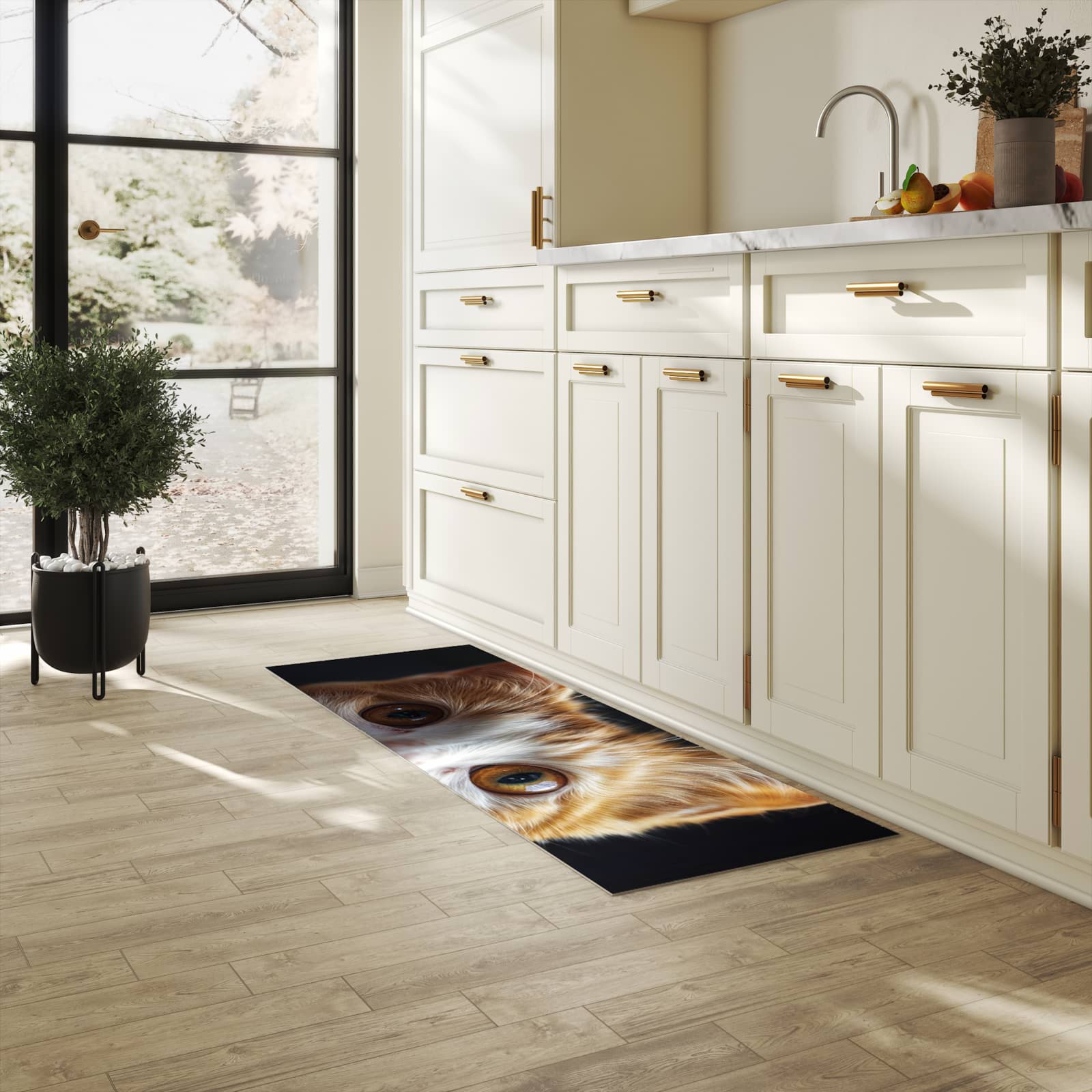 Zeitsparender waschbarer Küchenteppich mit Motiv Sanfte Katzenaugen in heller Küche