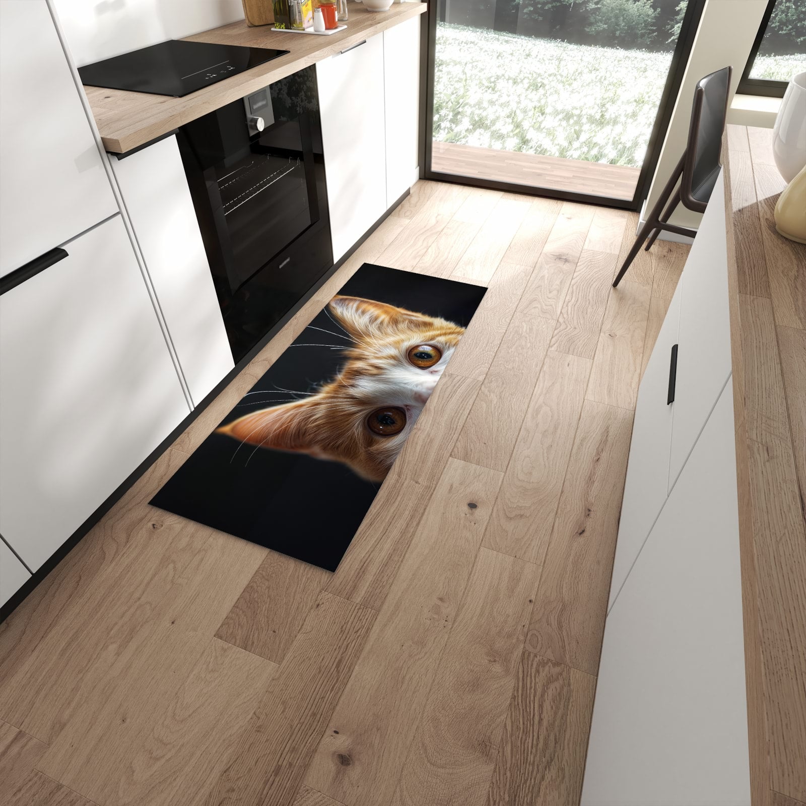 Fleckenresistenter rutschfester Küchenteppich mit Motiv Sanfte Katzenaugen in moderner Küche #grösse_60 x 150 cm