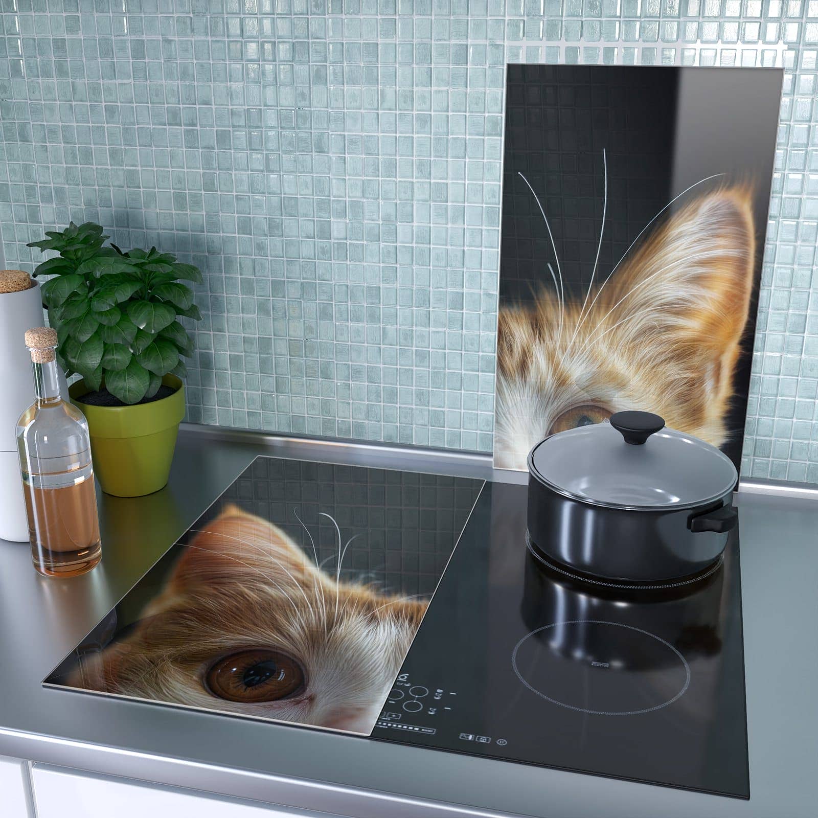 2-teilige Herd Schutzplatte mit Sanfter Katzenblick-Motiv als Spritzschutz hinter dem Kochfeld