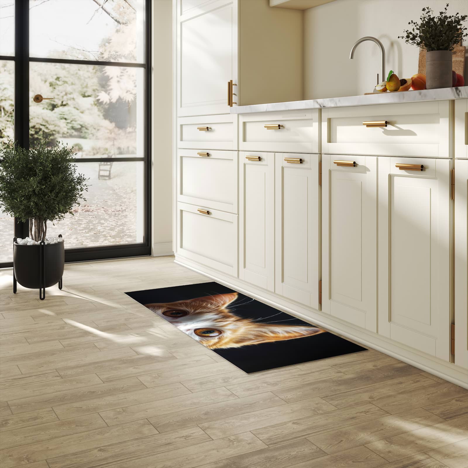 Küchenvorleger mit Motiv Sanfte Katzenaugen in heller Küche für sichere Aufbewahrung