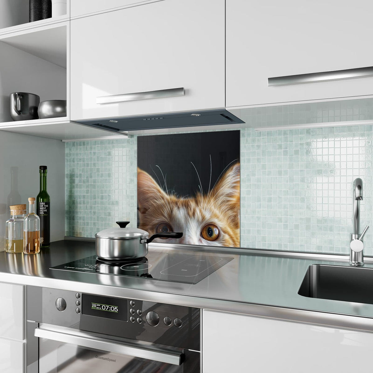 Küchenrückwand aus Glas Katze mit Bernsteinaugen im quadratischen Format als Spritzschutz hinter dem Kochfeld, über dem Fliesenspiegel montiert