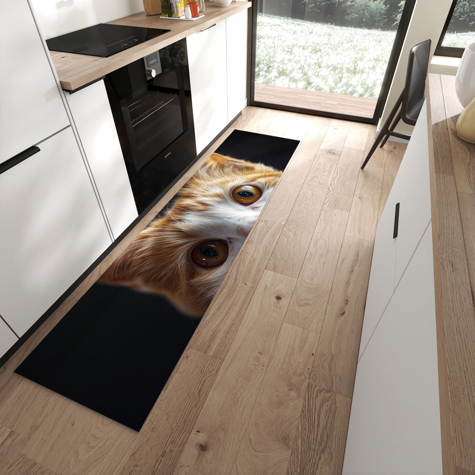 Geruchsneutraler Bodenläufer Teppich mit Motiv Sanfte Katzenaugen in moderner Küche