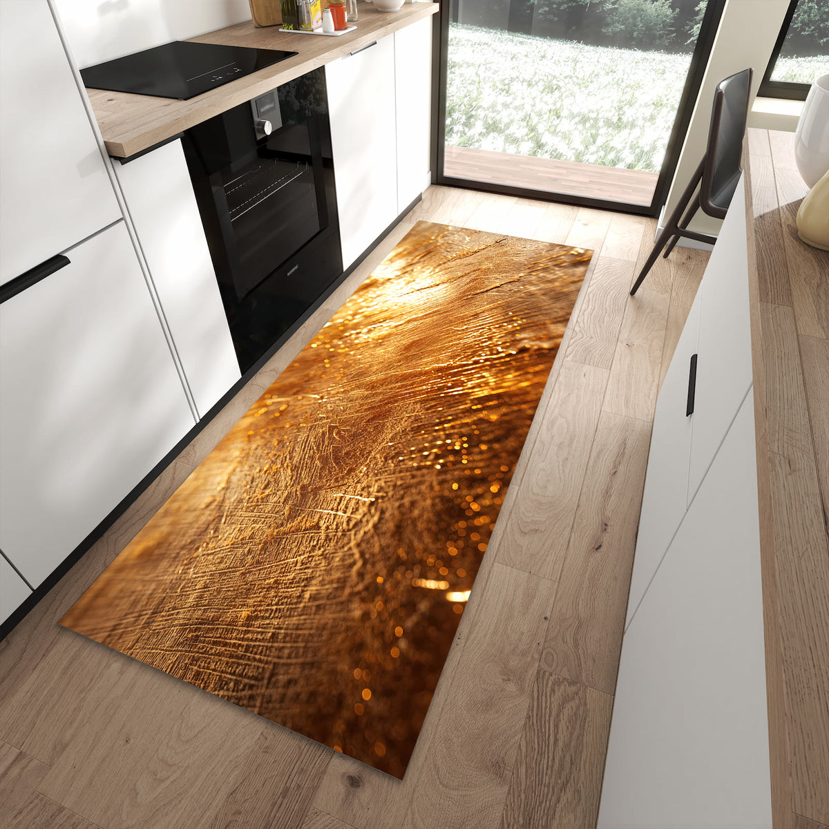 Küchenteppich mit Motiv Goldene Textur für Trittkomfort in moderner Küche, waschbar