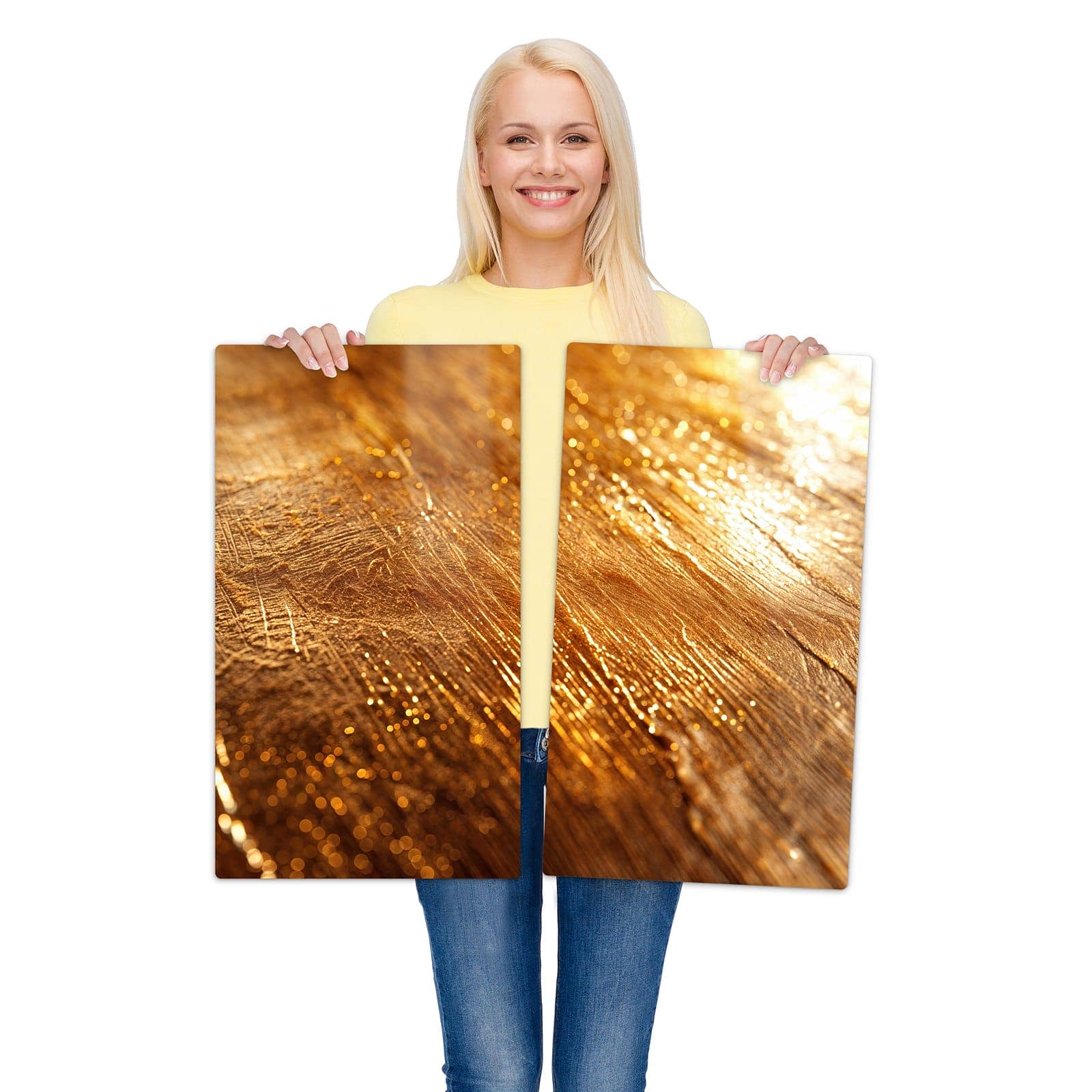 2-teilige Herdabdeckplatten für Ceranfeld mit Goldene Textur-Motiv wird zur Größendarstellung gehalten