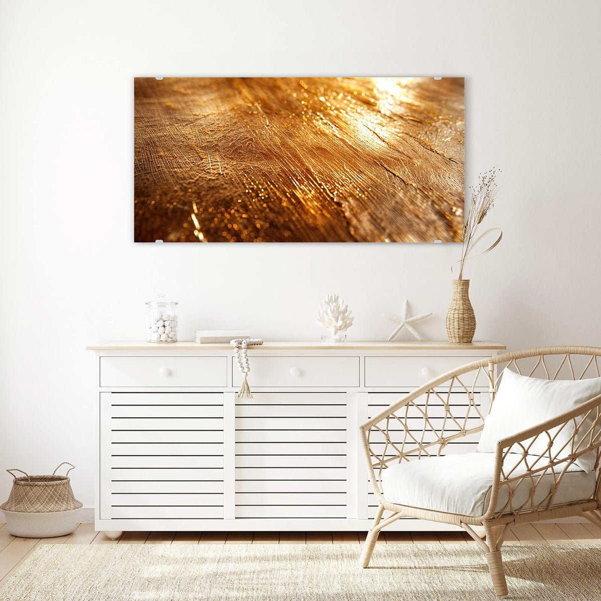 Echtglas, 4 mm – kein Acryl, keine Folie – Wandbild - Schimmerndes Gold - Querformat