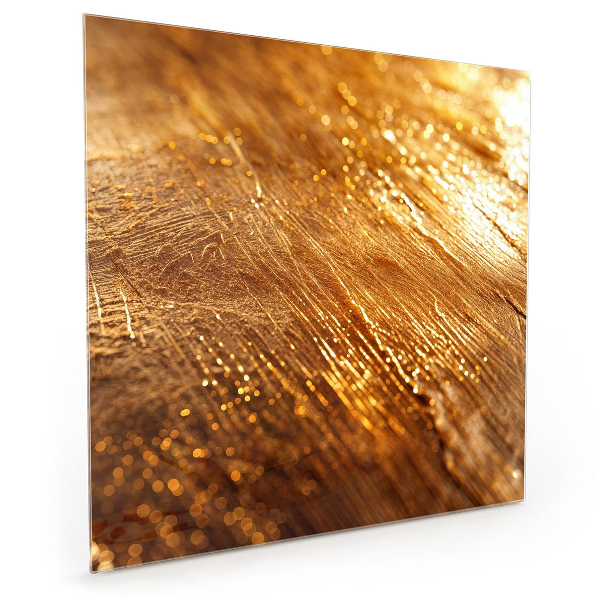 Küchenrückwand aus Glas im quadratischen Format mit Motiv Schimmerndes Gold: Goldene Fläche mit feinen Streifen, Lichtreflexen und funkelnden Glanzpunkten #grösse_40 x 40 cm #grösse_50 x 50 cm #grösse_60 x 60 cm
