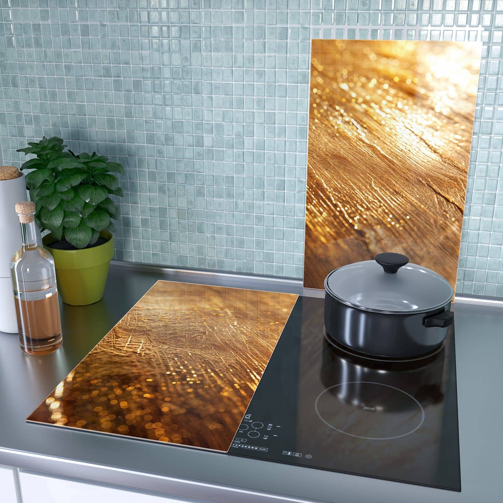 2-teilige Ceranfeld Abdeckungen mit Goldene Textur-Motiv als Spritzschutz hinter dem Kochfeld