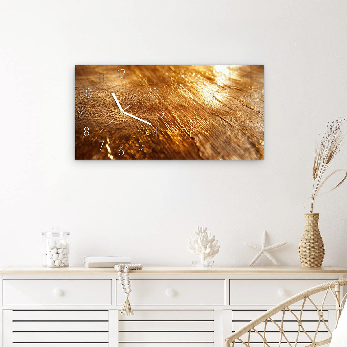 Wanduhr Goldene Textur aus Glas – Querformat 60 × 30 cm – Schimmernde Goldstruktur mit Lichtreflexen