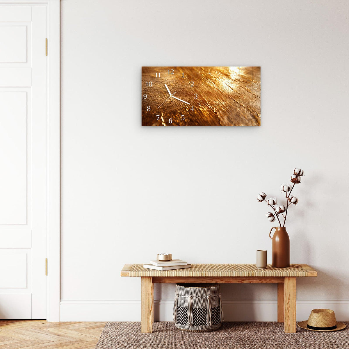 Moderne Wanduhr aus Glas mit Farbtiefe – Wanduhr Goldene Textur aus Glas – Querformat 60 × 30 cm