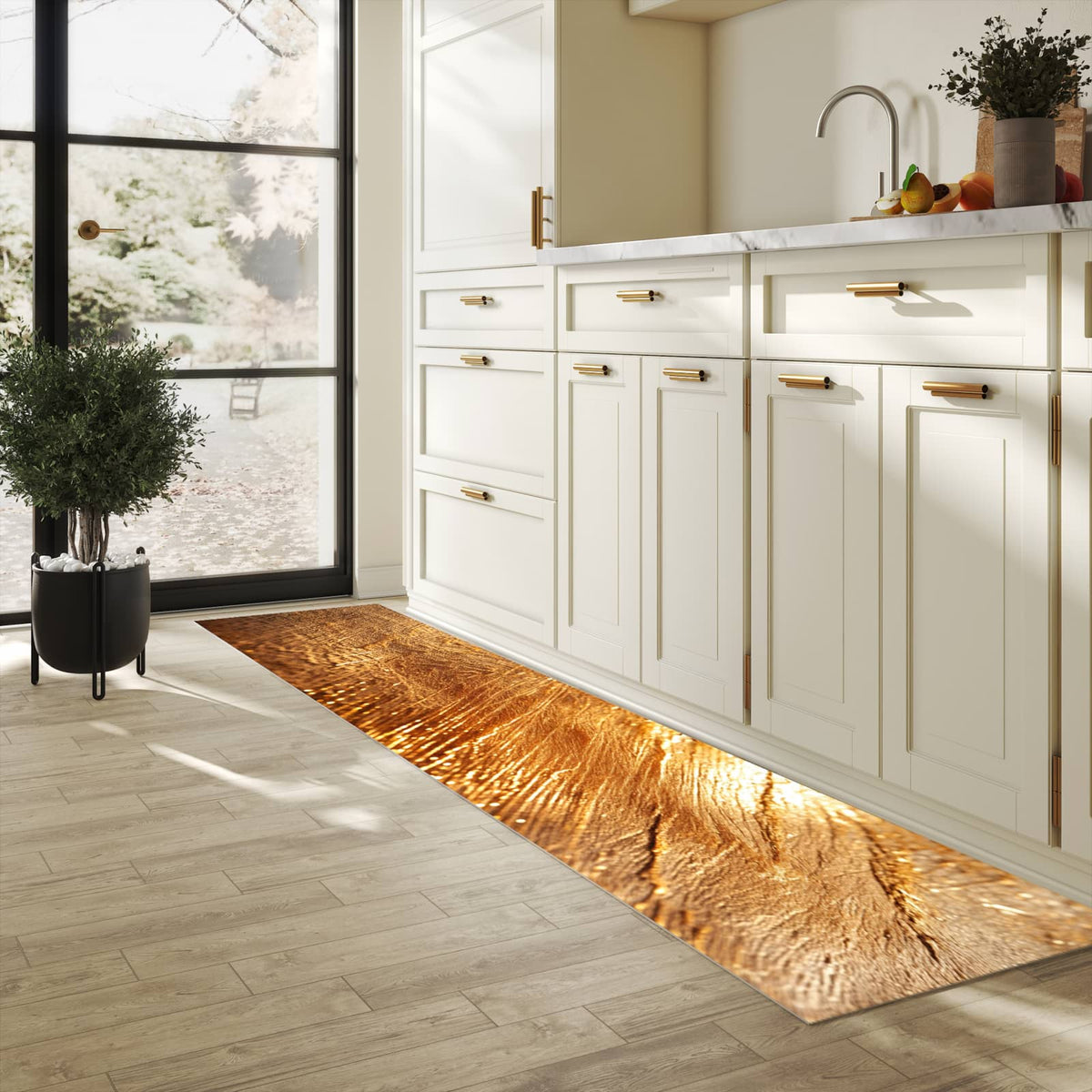 Waschbarer Küchenteppich mit Motiv Goldene Textur in heller Küche