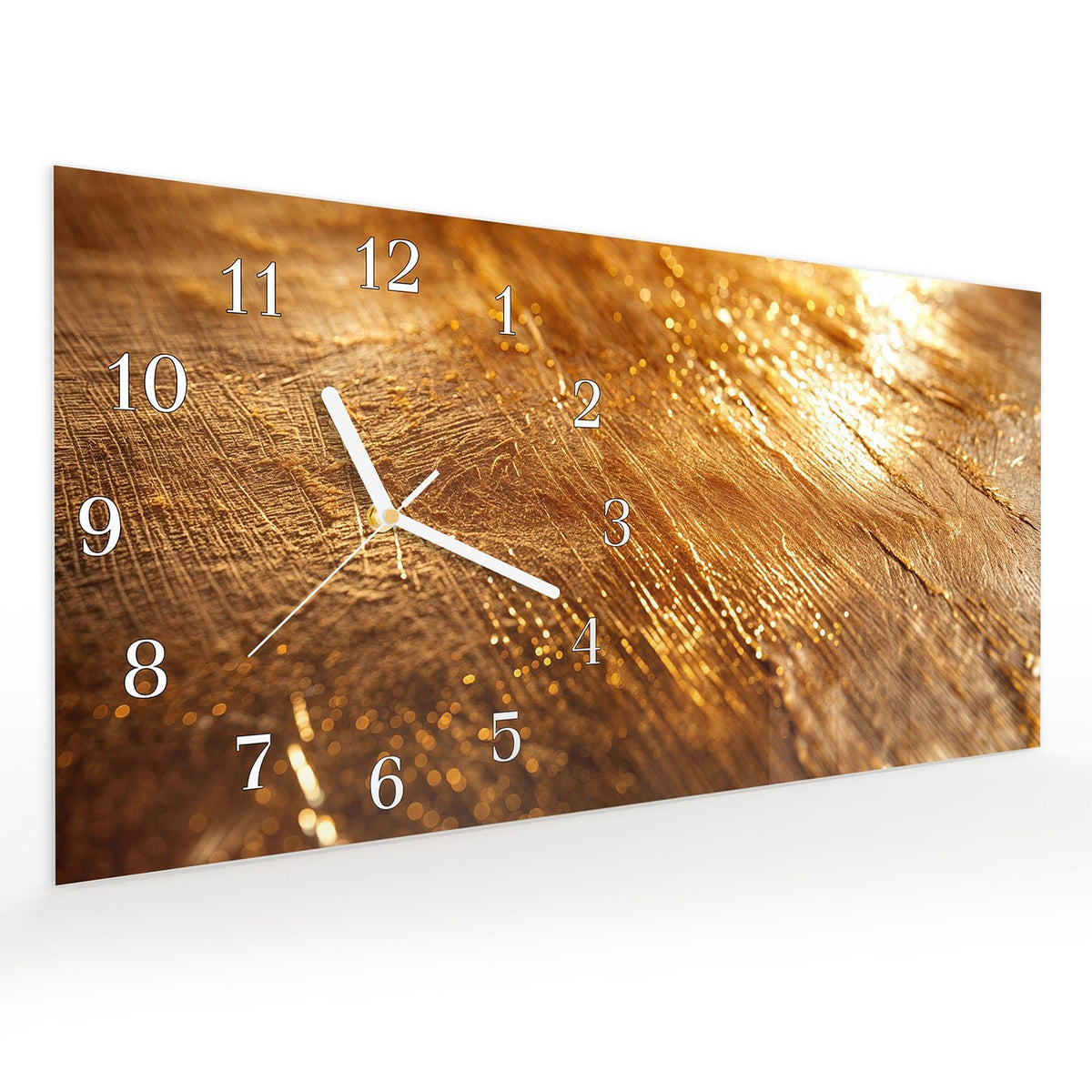 Vormontiert – mit Schwebeeffekt – Wanduhr Goldene Textur aus Glas – Querformat 60 × 30 cm