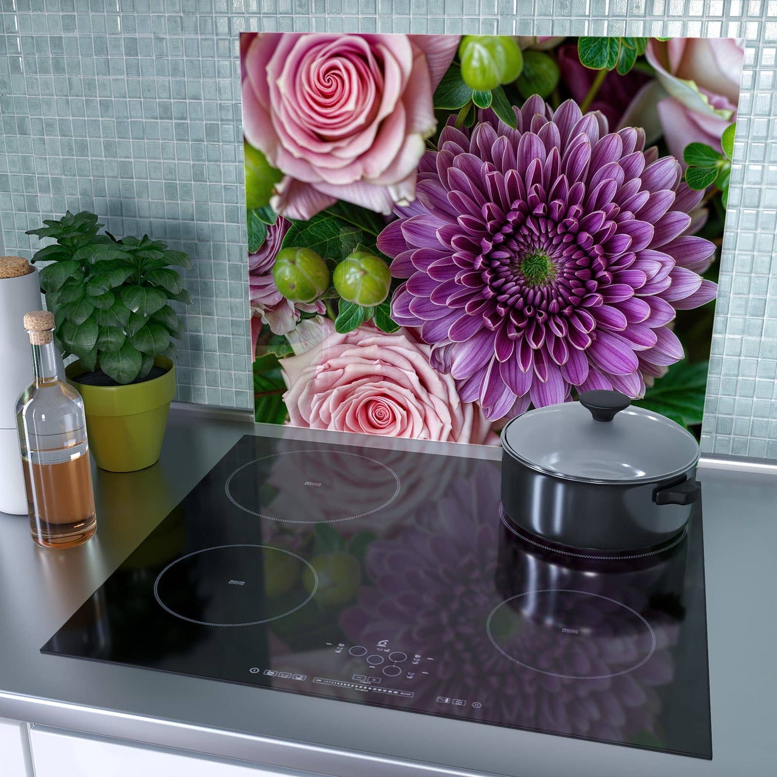 1-teilige Abdeckplatten für den Herd mit Sanfte Blumenarrangement-Motiv als Spritzschutz hinter dem Kochfeld