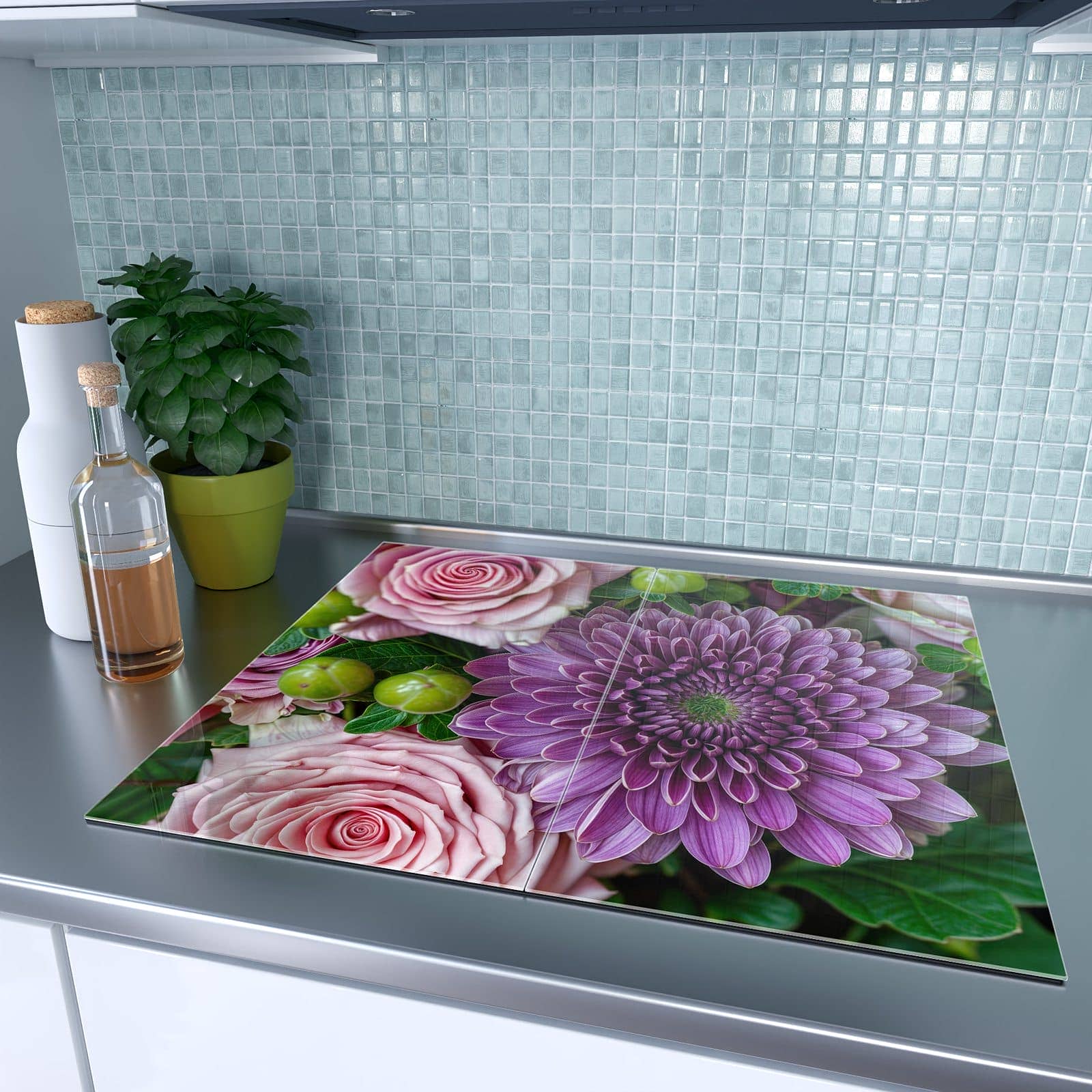 2-teilige Herdabdeckplatte mit Sanfte Blumenarrangement-Motiv auf dem Ceranfeld