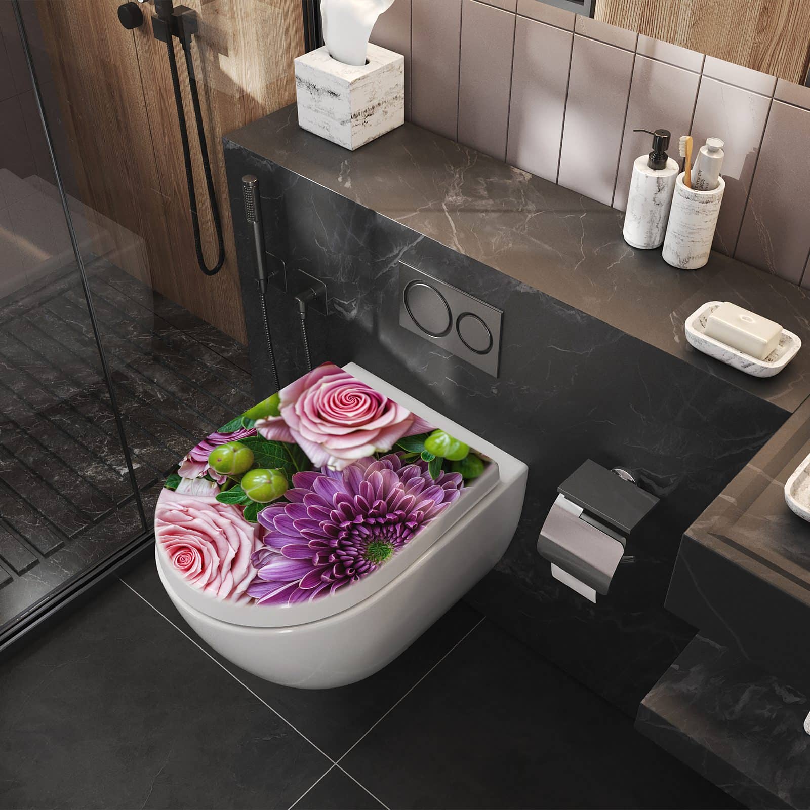 WC-Sitz mit Absenkautomatik Sanfte Blumenarrangement