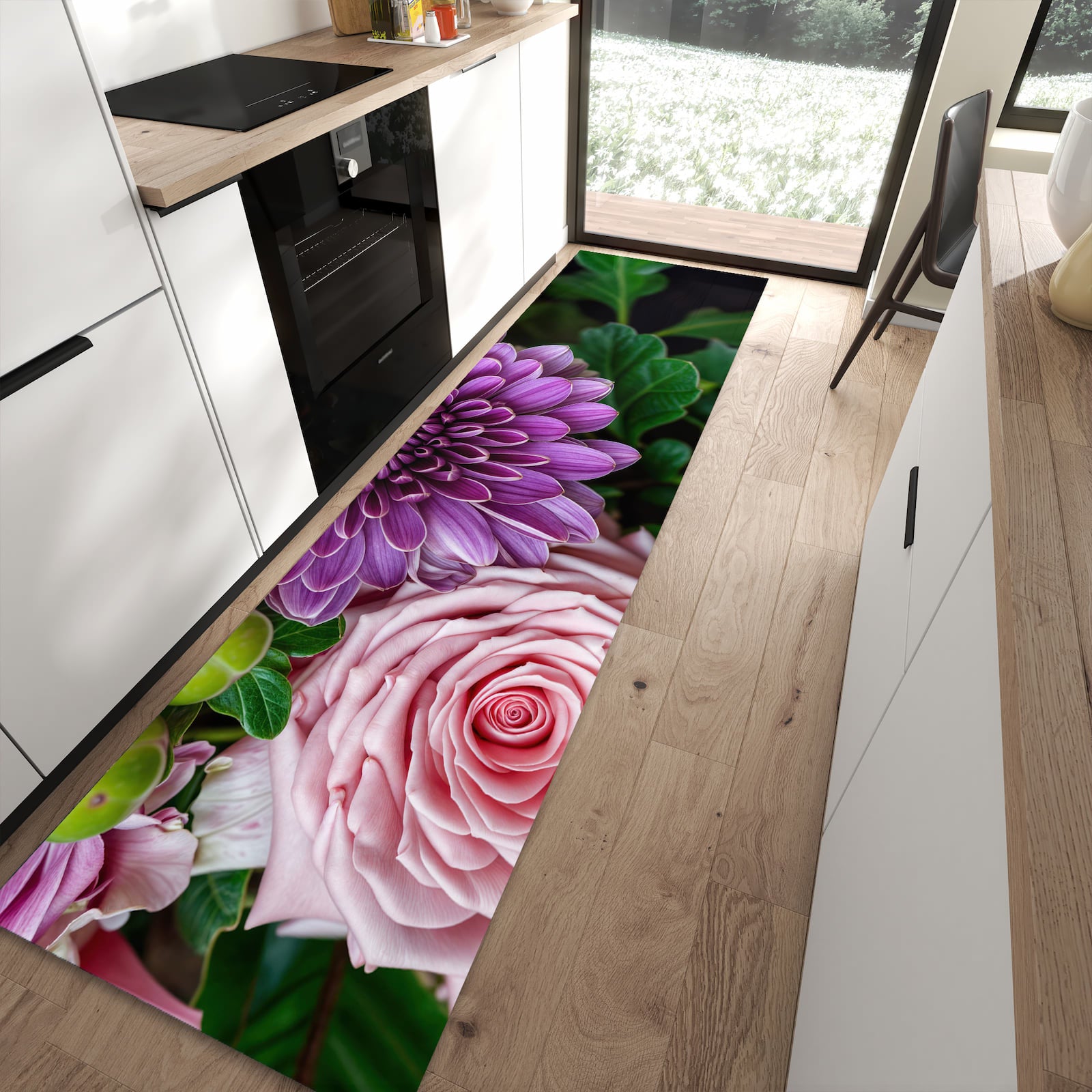 Strapazierfähiger Küchenläufer mit Motiv Sanfte Blumenarrangement in moderner Küche