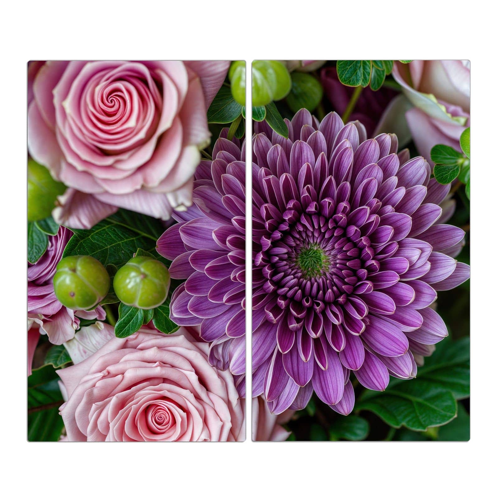 2-teilige Herd Schutzplatte mit Sanfte Blumenarrangement-Motiv in der Frontansicht