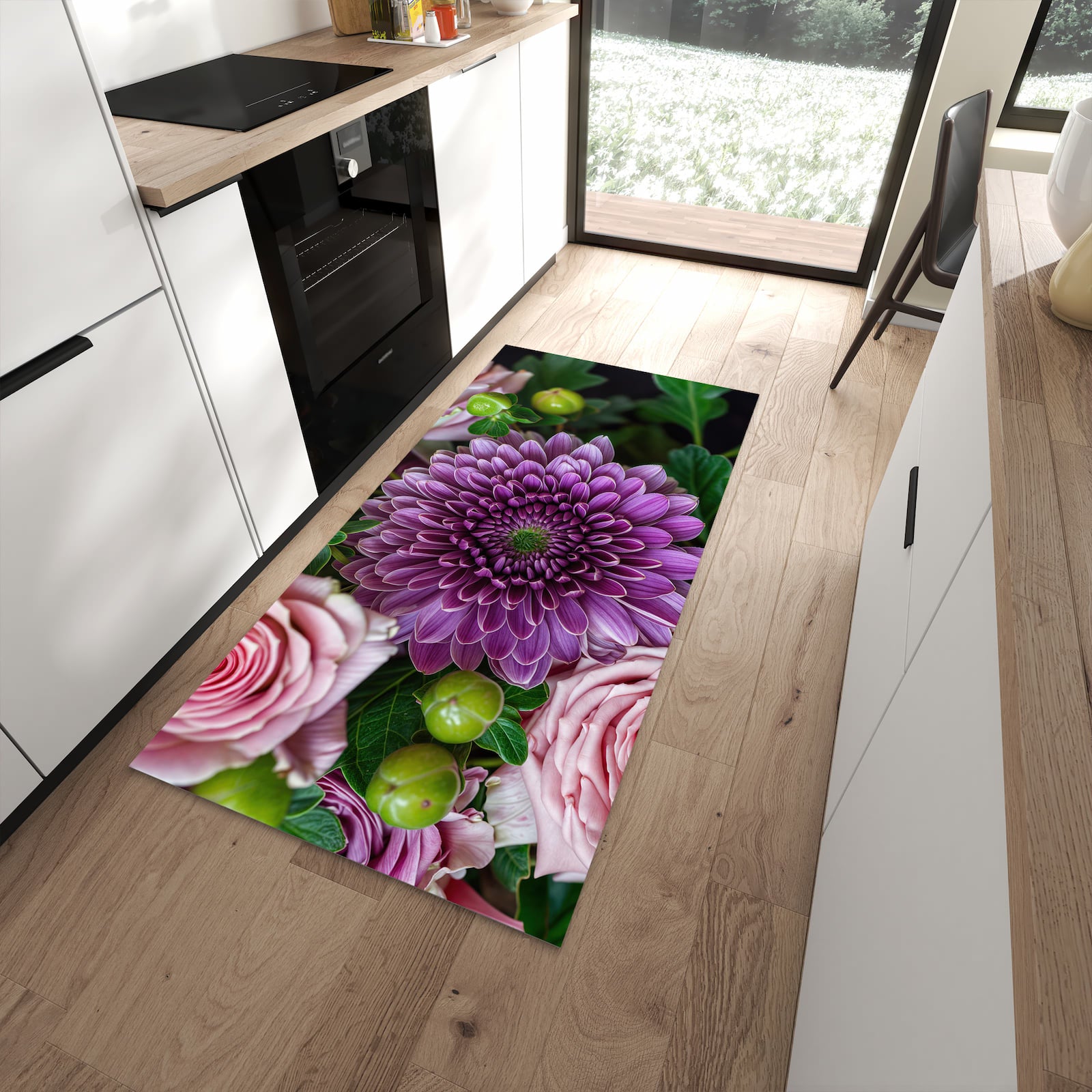 Waschbarer Küchenteppich mit Motiv Sanfte Blumenarrangement in moderner Küche