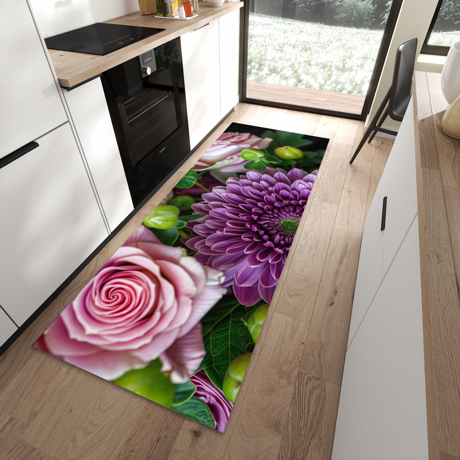 Langlebiger Küchenvorleger mit Motiv Sanfte Blumenarrangement in moderner Küche