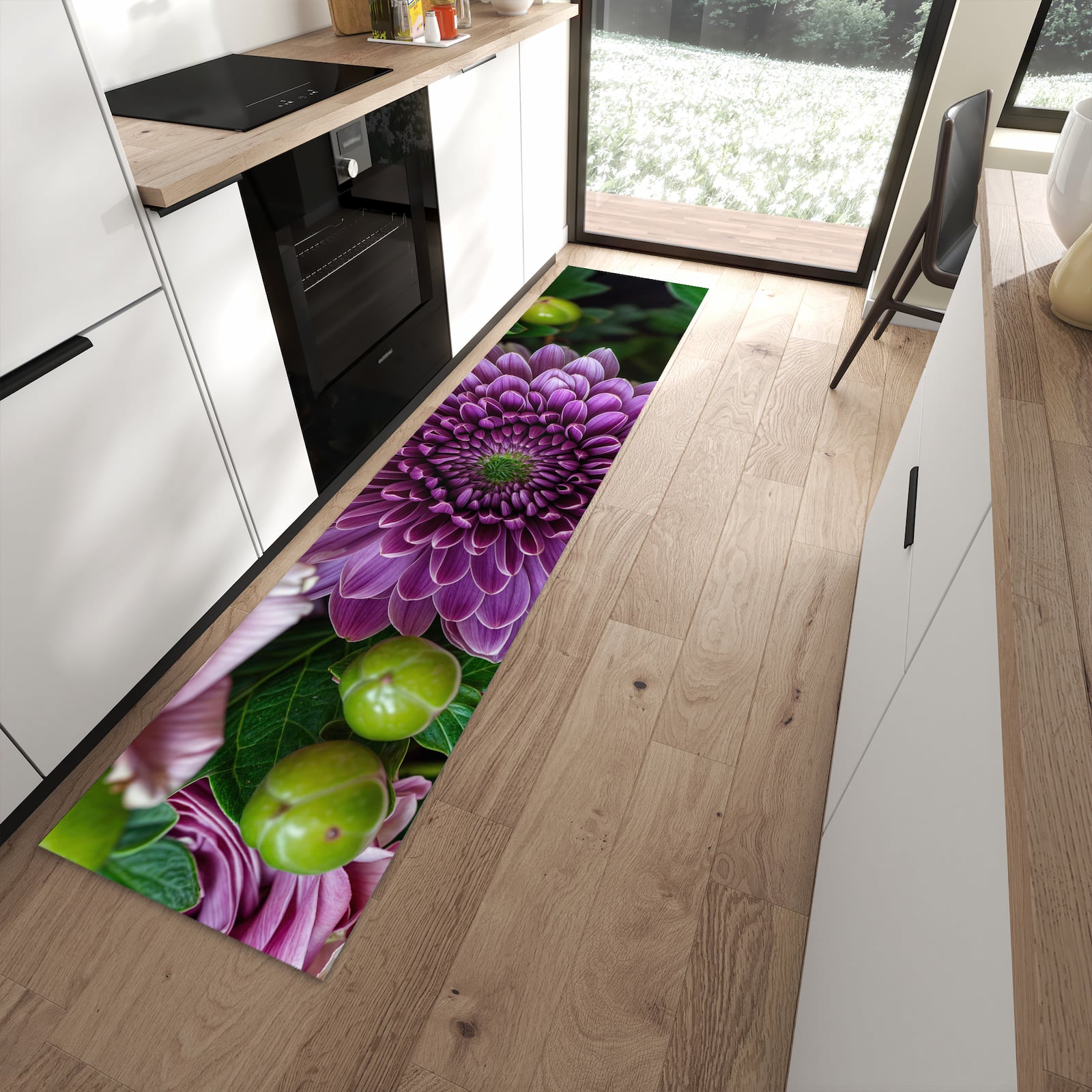 Pflegeleichter Teppich für die Küche mit Motiv Sanfte Blumenarrangement in moderner Küche