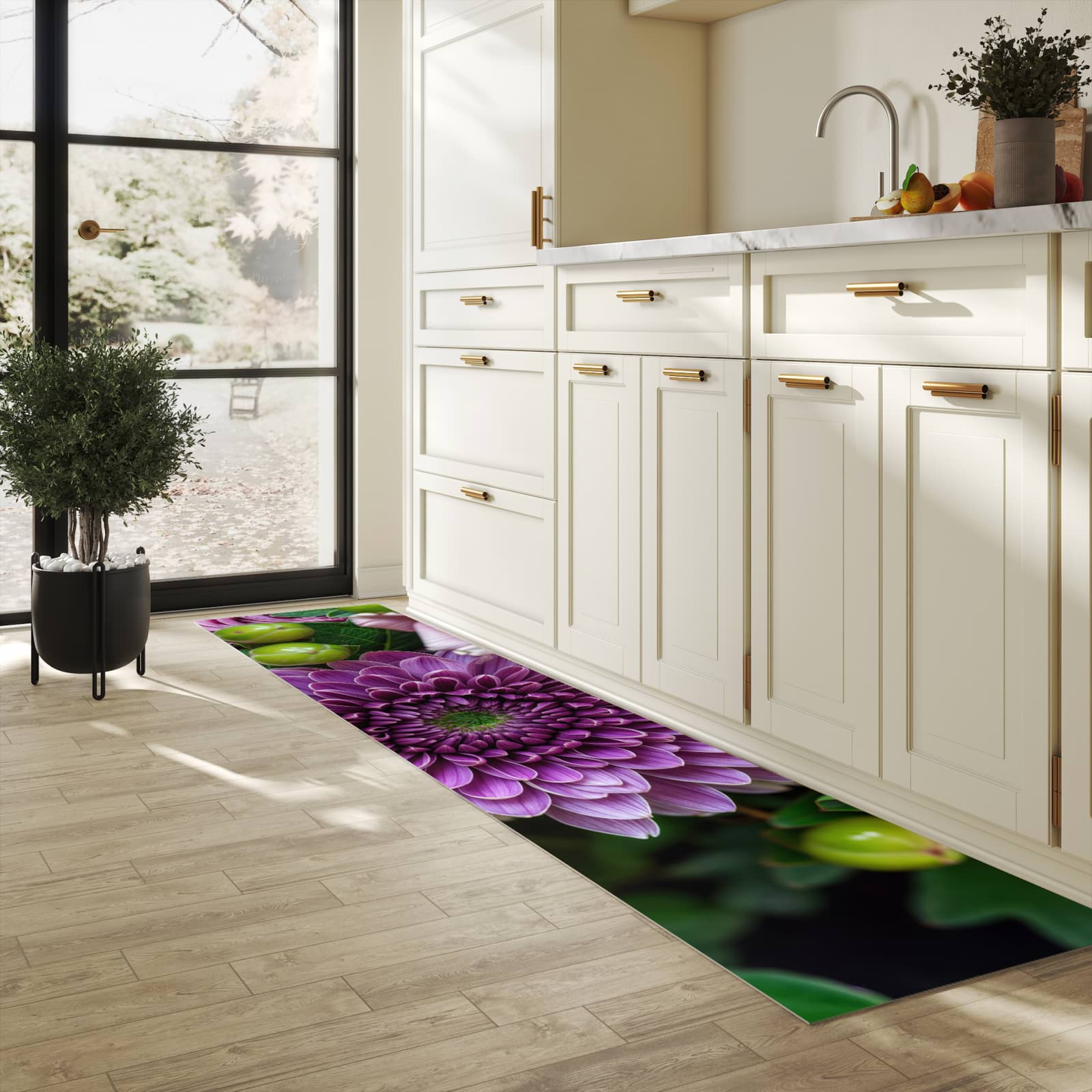 Wasserabweisender rutschfester Küchenläufer mit Motiv Sanfte Blumenarrangement in heller Küche