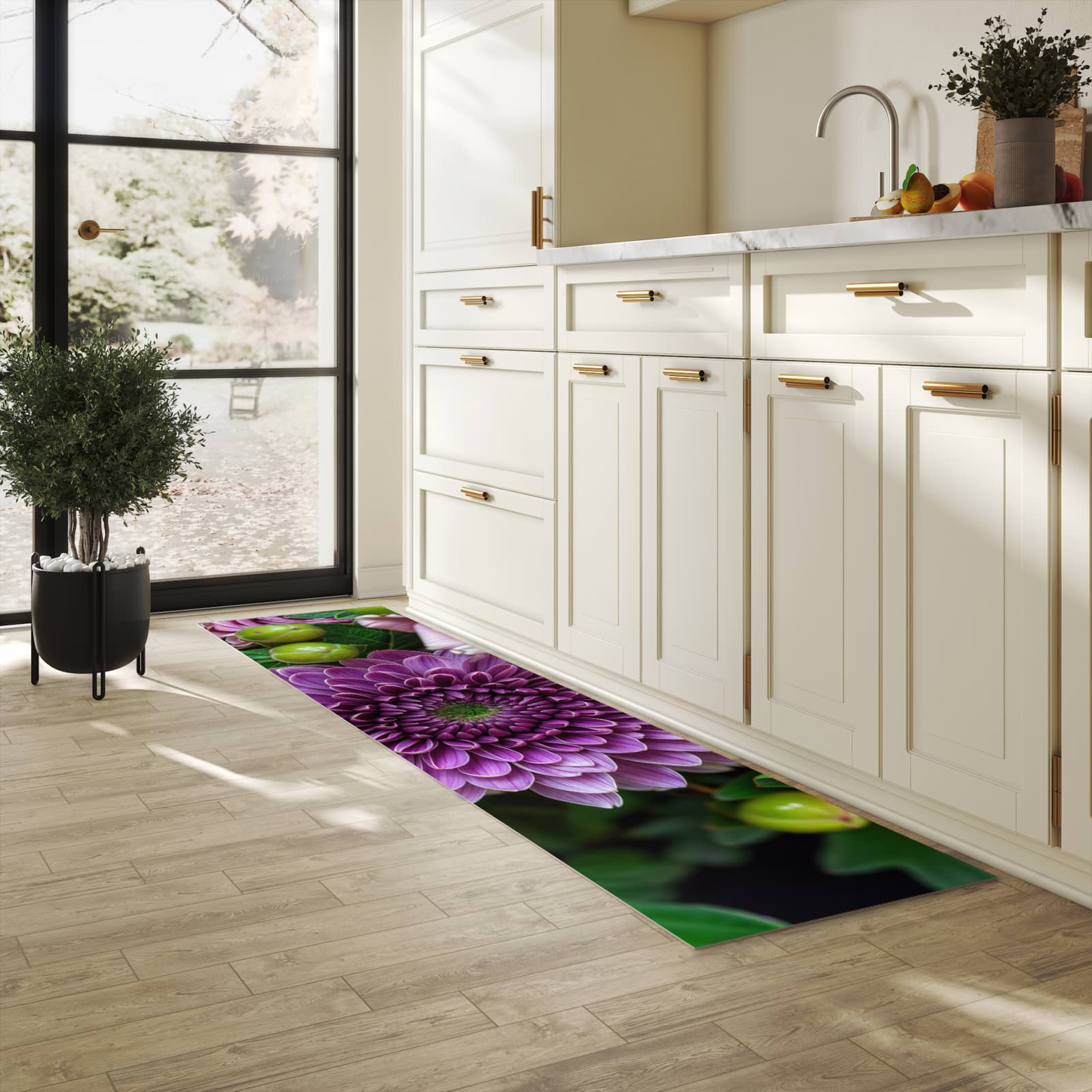 Rutschfester Küchenläufer mit Motiv Sanfte Blumenarrangement für Trittkomfort in heller Küche