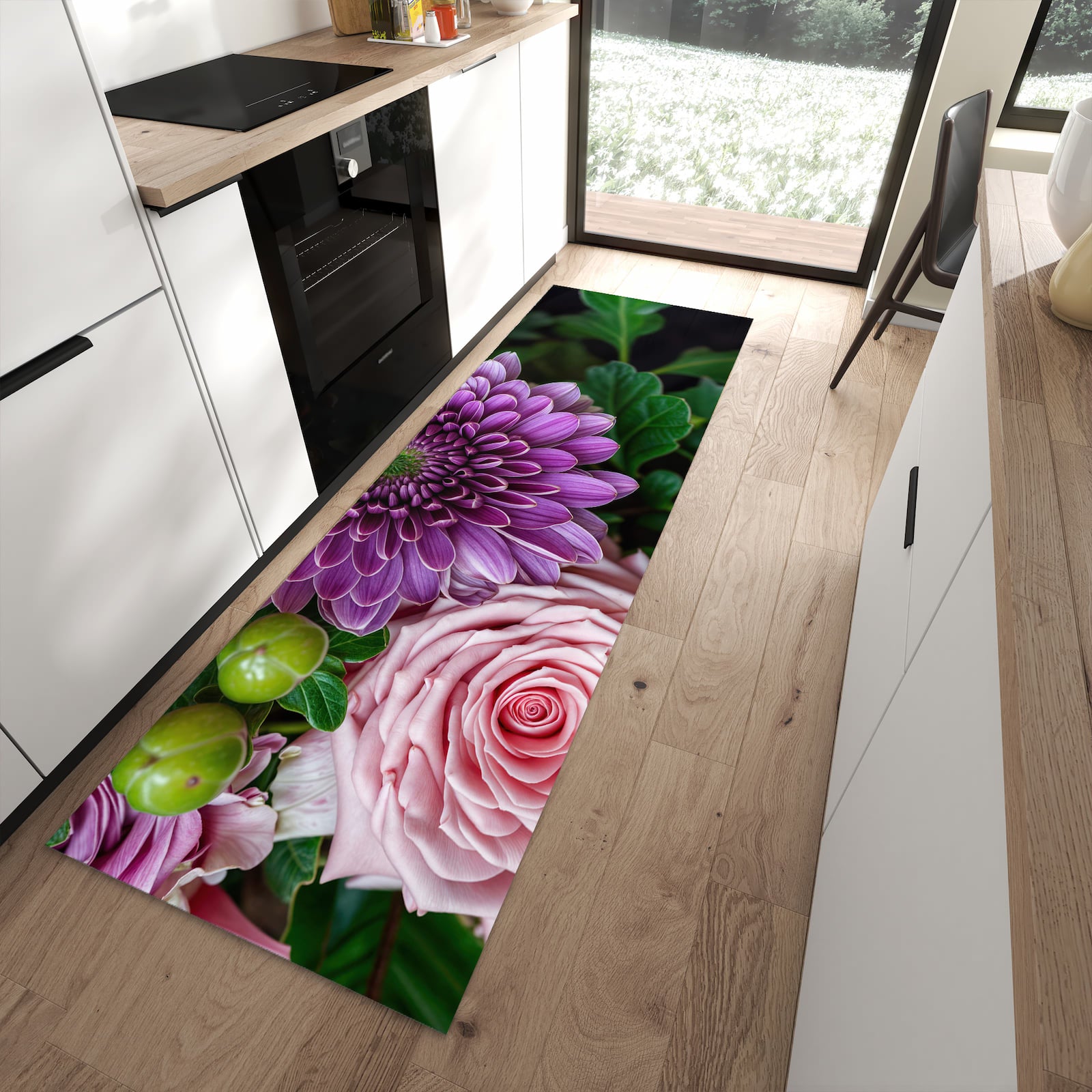 Küchenläufer mit Motiv Sanfte Blumenarrangement für angenehme Haptik in moderner Küche
