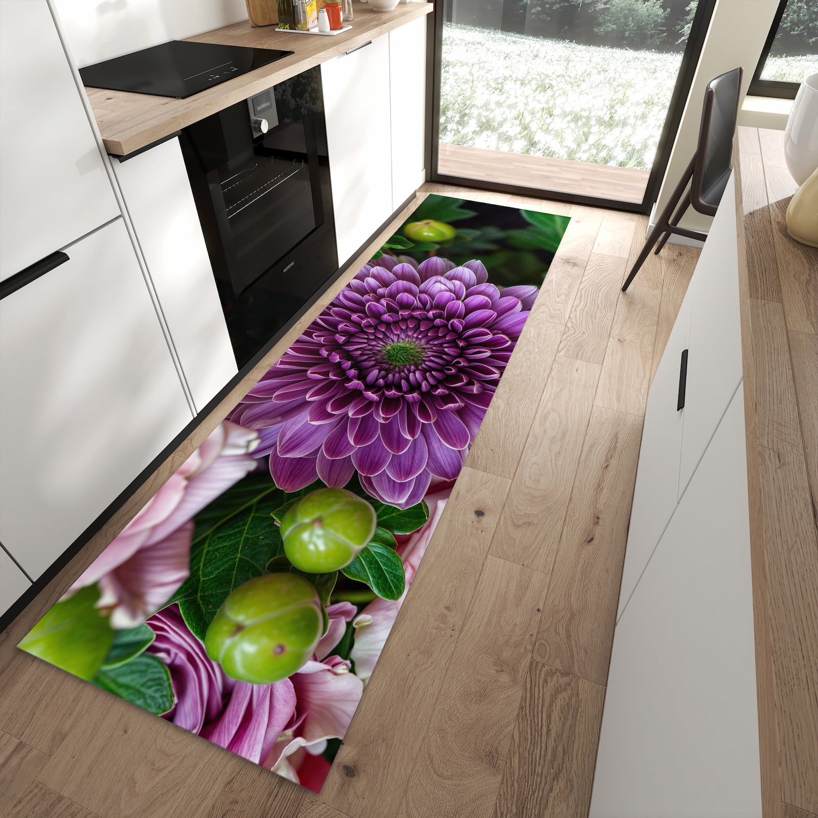 Hygienischer Läufer für die Küche mit Motiv Sanfte Blumenarrangement in moderner Küche